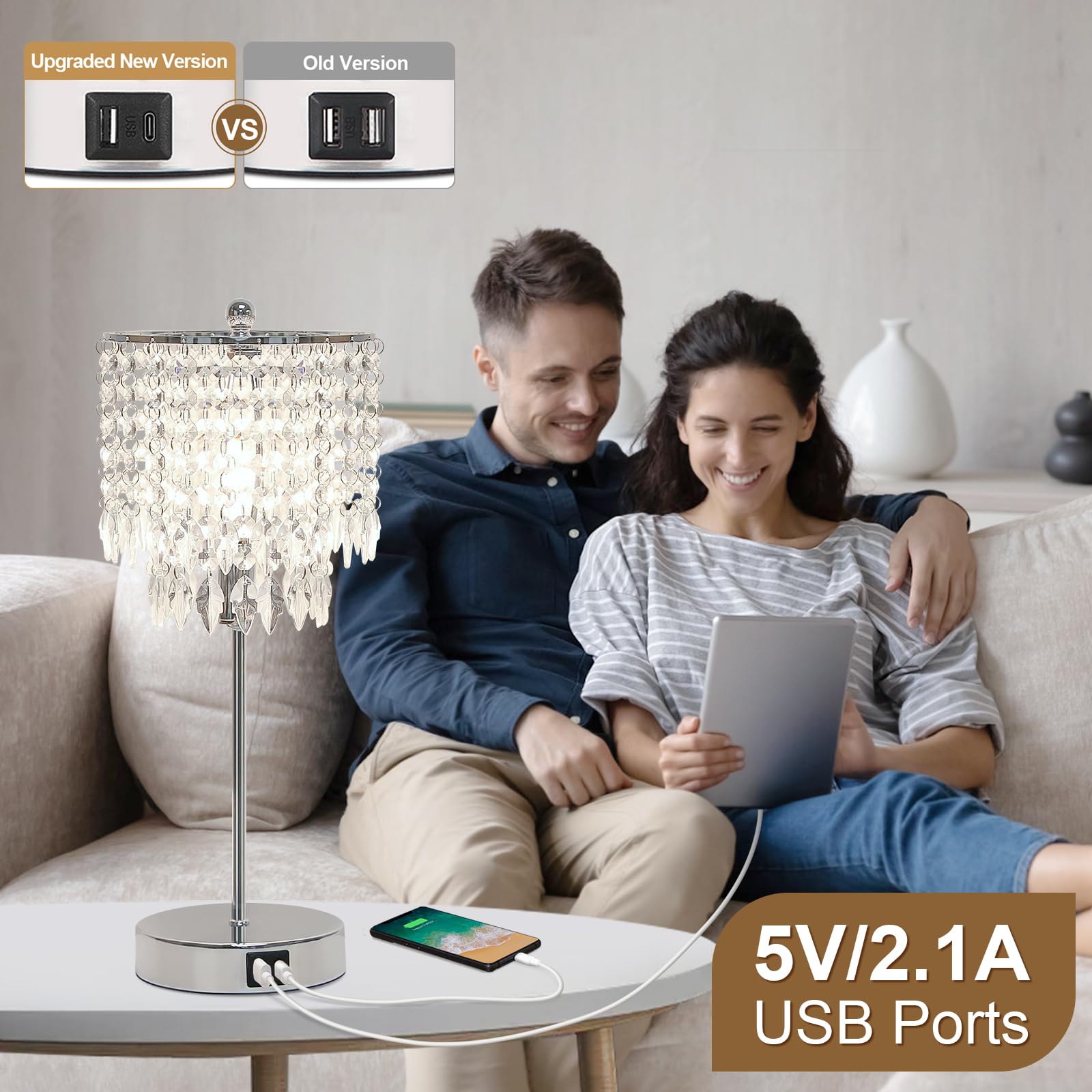 Boncoo Crystal Table Lamp Set of 2, Touch Control, USB Ports, Dimmable, Silver, Includes 4W LED Bulb, Elegant Nightstand Lighting
