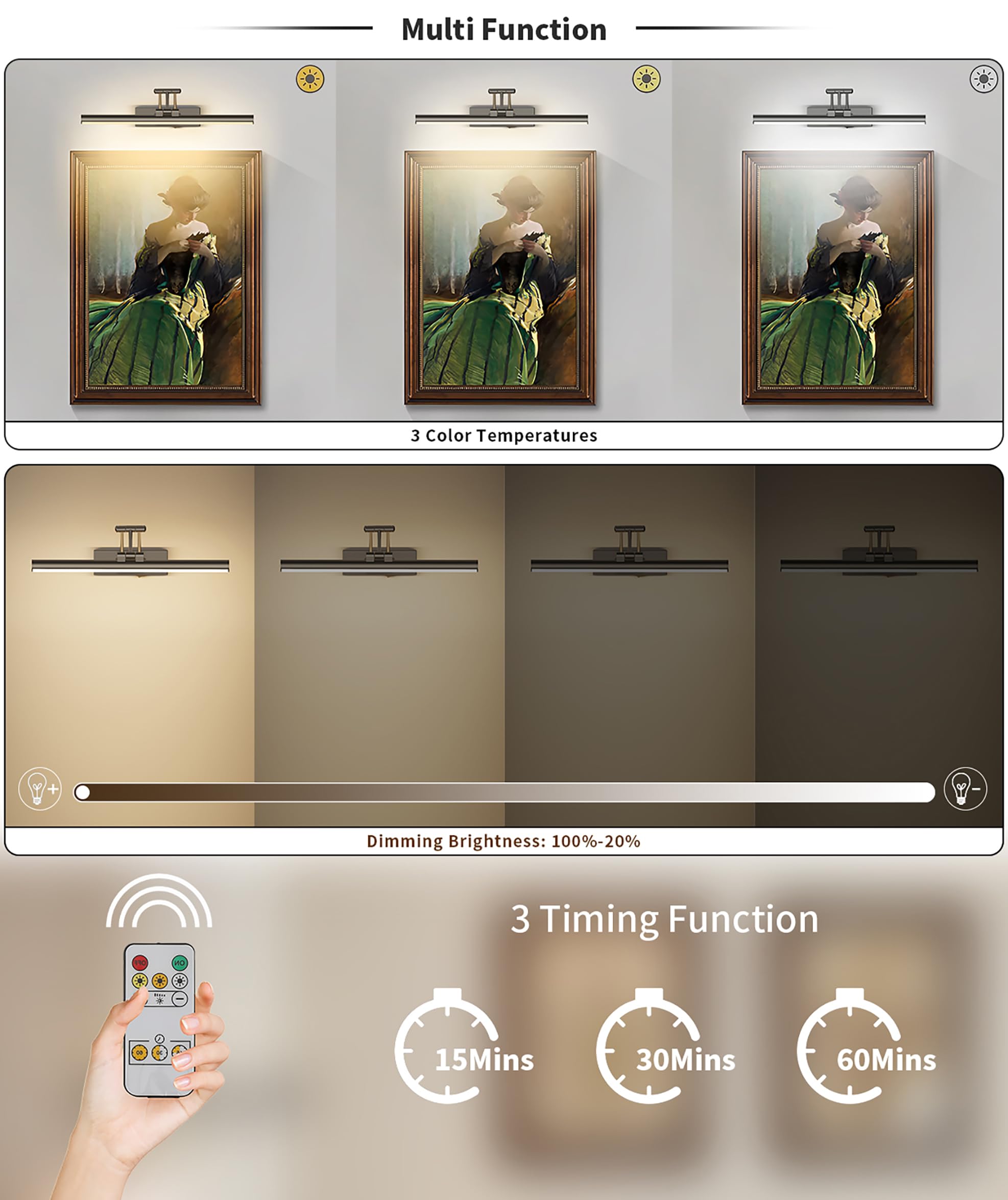 Joossnwell Battery Operated Picture Light For Paintings Wireless Art Light With Remote Gallery Light Rechargeable Dimmable And Timer Library Light Brushed Grey Picture Frame Light For Wall