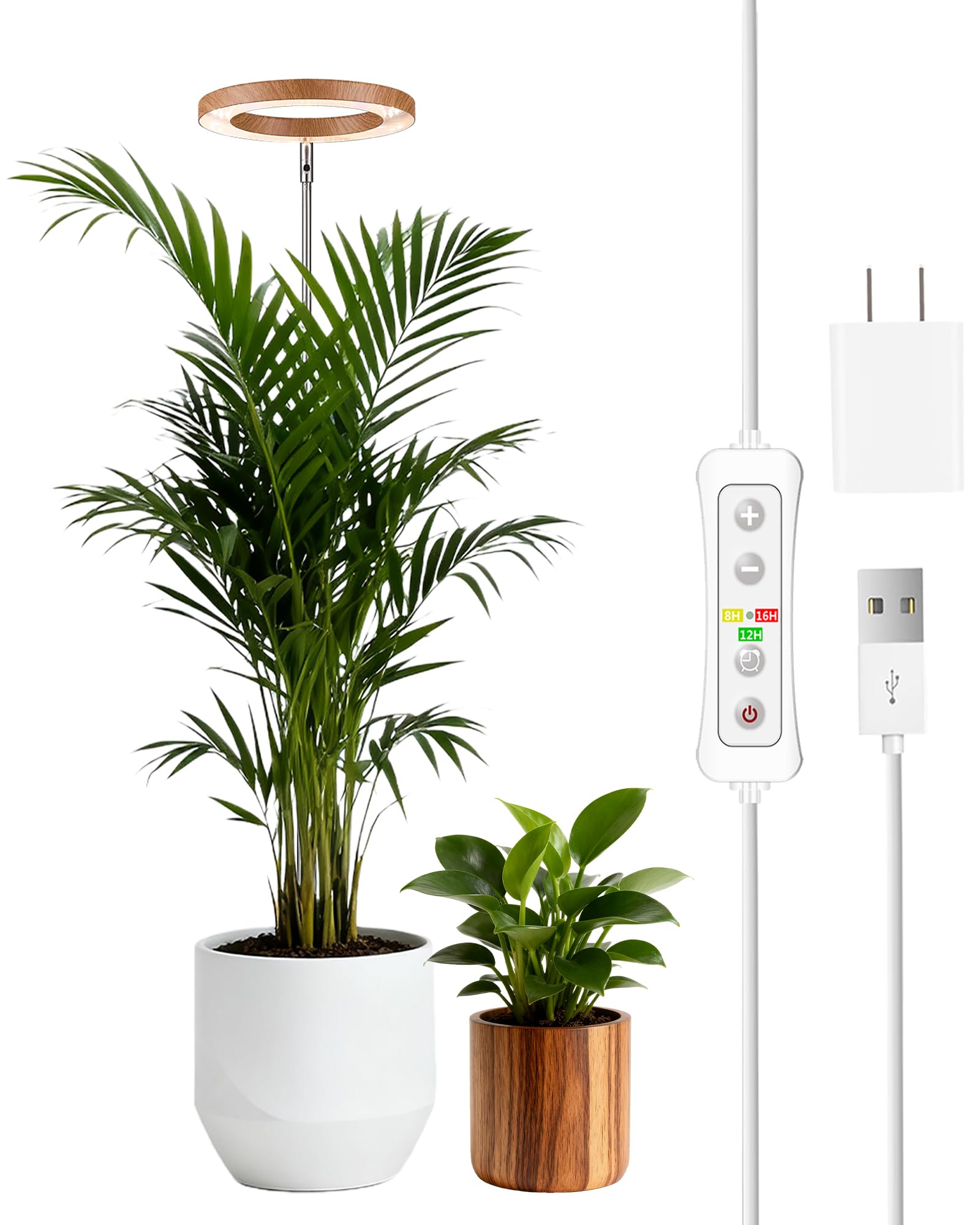 yadoker Plant Grow Light LED Growing Light Full Spectrum for Indoor Plants Aluminum Cherry Wood Grain Plant Lights Height Adjustable  Automatic Timer  5V Low Safe Voltage