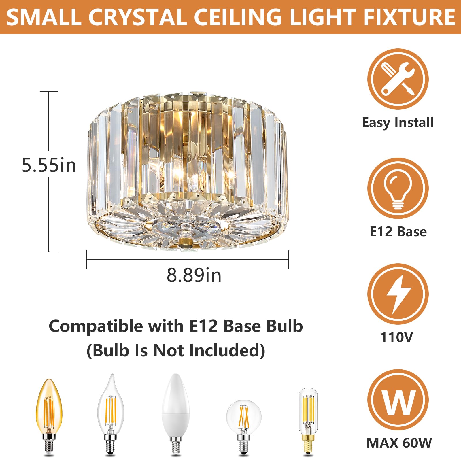 Pasentel 8.89 Small Crystal Ceiling Light  Modern Semi Flush Mount Ceiling Lighting Fixture  Gold Crystal Mini Chandelier For Hallway  Kitchen Entryway Laundry Room  2-Light  Xdd007-1-G