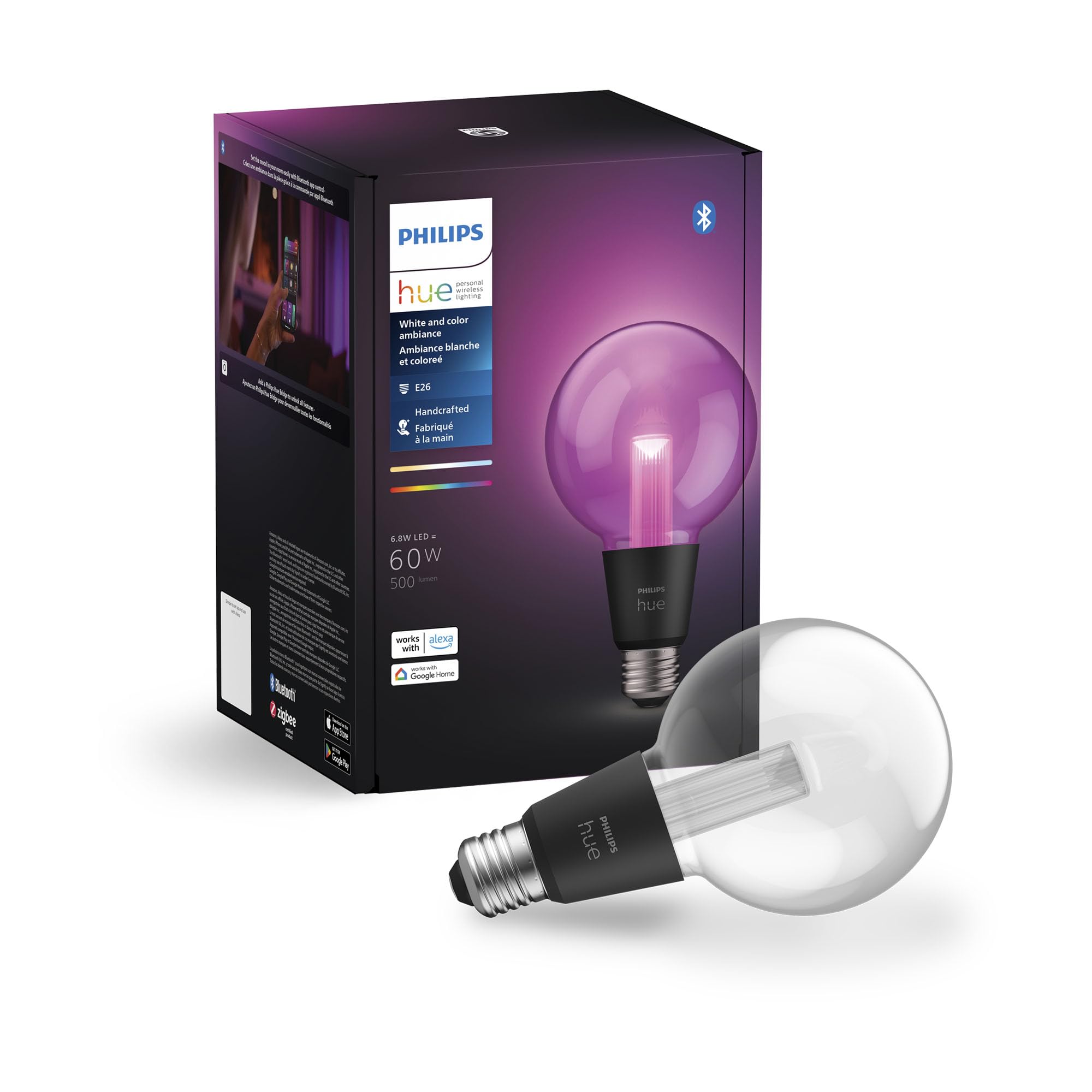 Philips Hue G30 Smart LED Bulb - Handblown Glass, Color Changing, Multicolored/White, Model 577403, Bluetooth & Hue Bridge Compatible