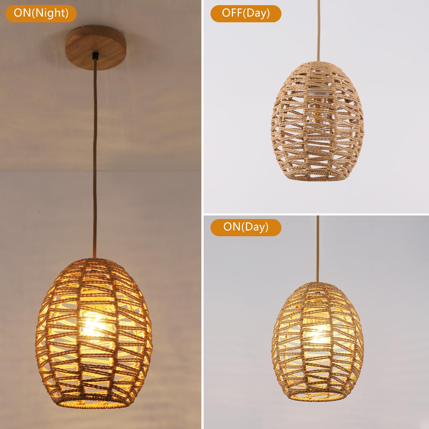 Delipop Pendant Light, Hand-Woven Rattan Chandelier, Boho Hanging Light With Adjustable Cord 4.9Ft For Living Room, Dining Room,