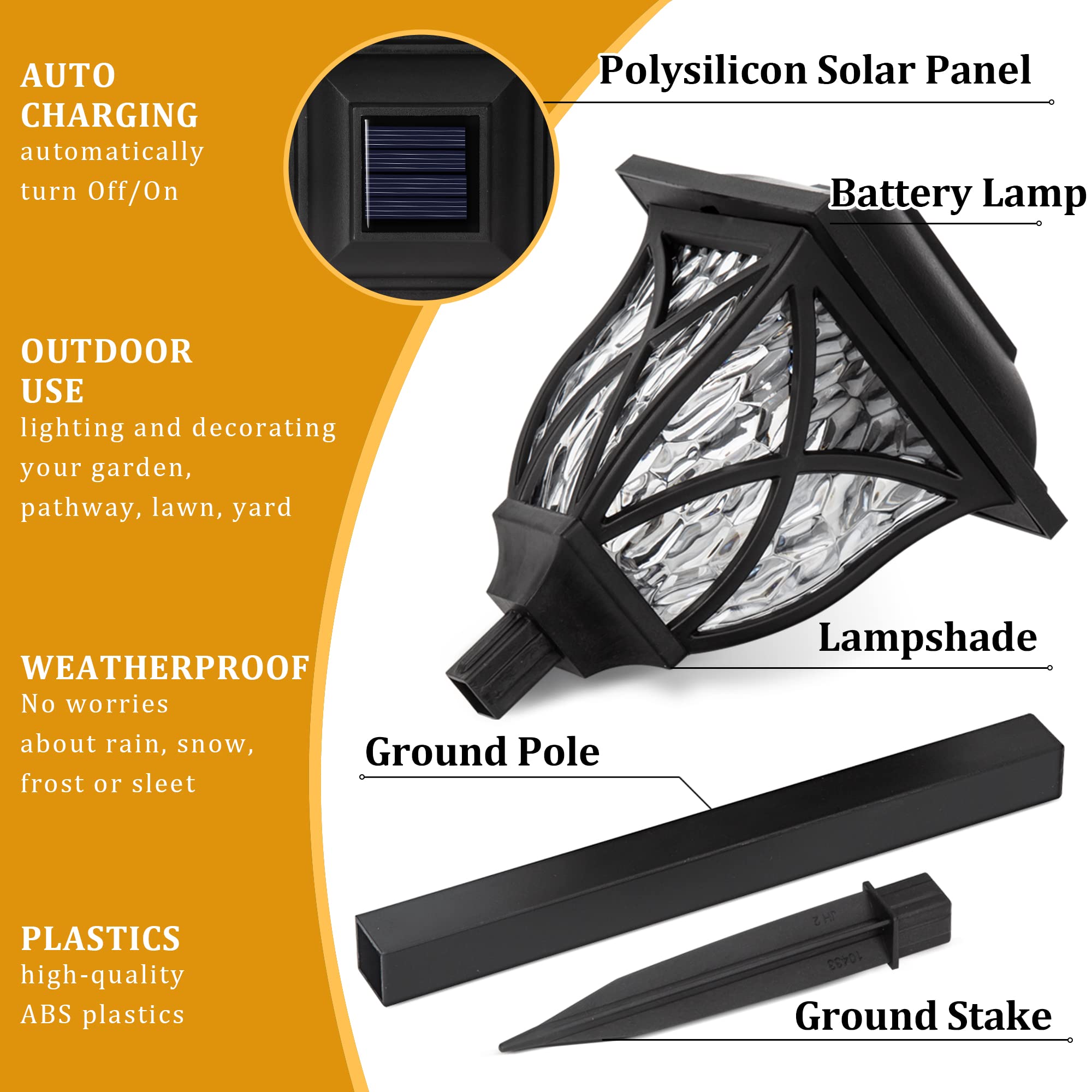 GIGALUMI Solar Outdoor Lights, 6 Pack LED Pathway Lights, Waterproof, Warm White, Black, Model 6994