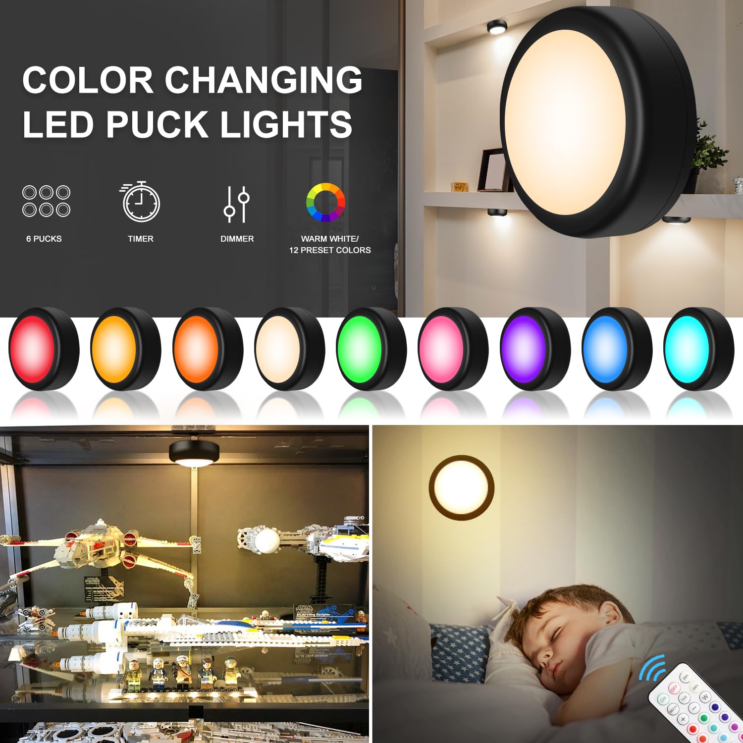 Bls Led Puck Lights With Remote  Rgb 13 Color Changing Under Cabinet Lighting Wireless  Aa Battery Operated  Tap  Touch  Push Stick On Lights For Closet  Kitchen  Night  Dimmer & Timer  Black  2 Pack
