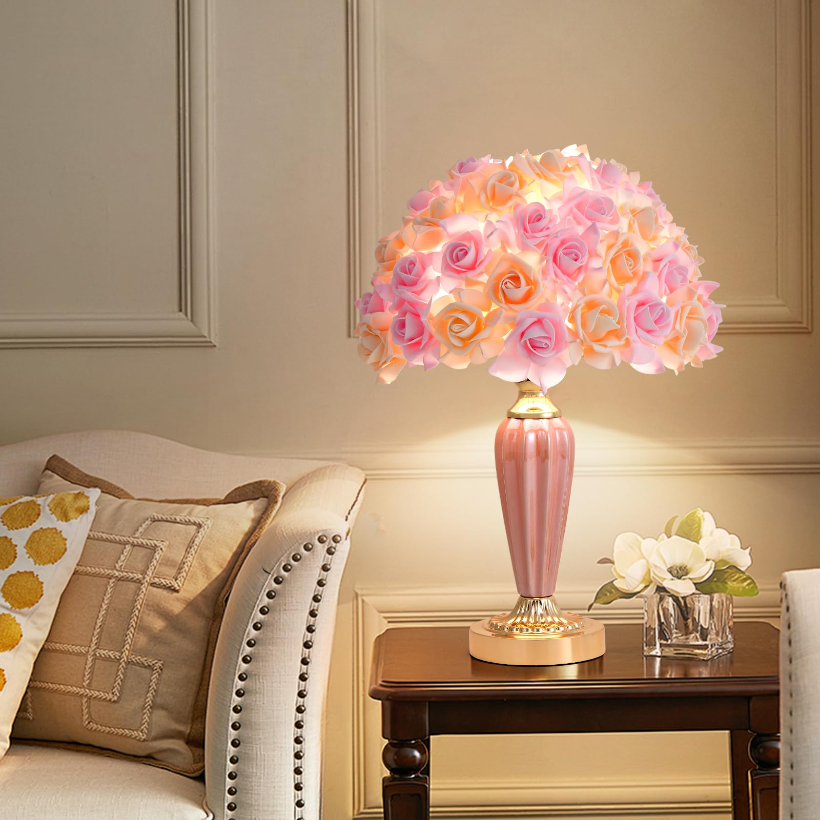 ZYLEISENBAO Pink Flowers Lamp Beautiful Yellow Flower Bedside Lamp Nordic Nightstand Light Romantic Rose Bouquet Table Lamp for Wedding Girl Bedroom Valentines Dating Living Room Office Christmas