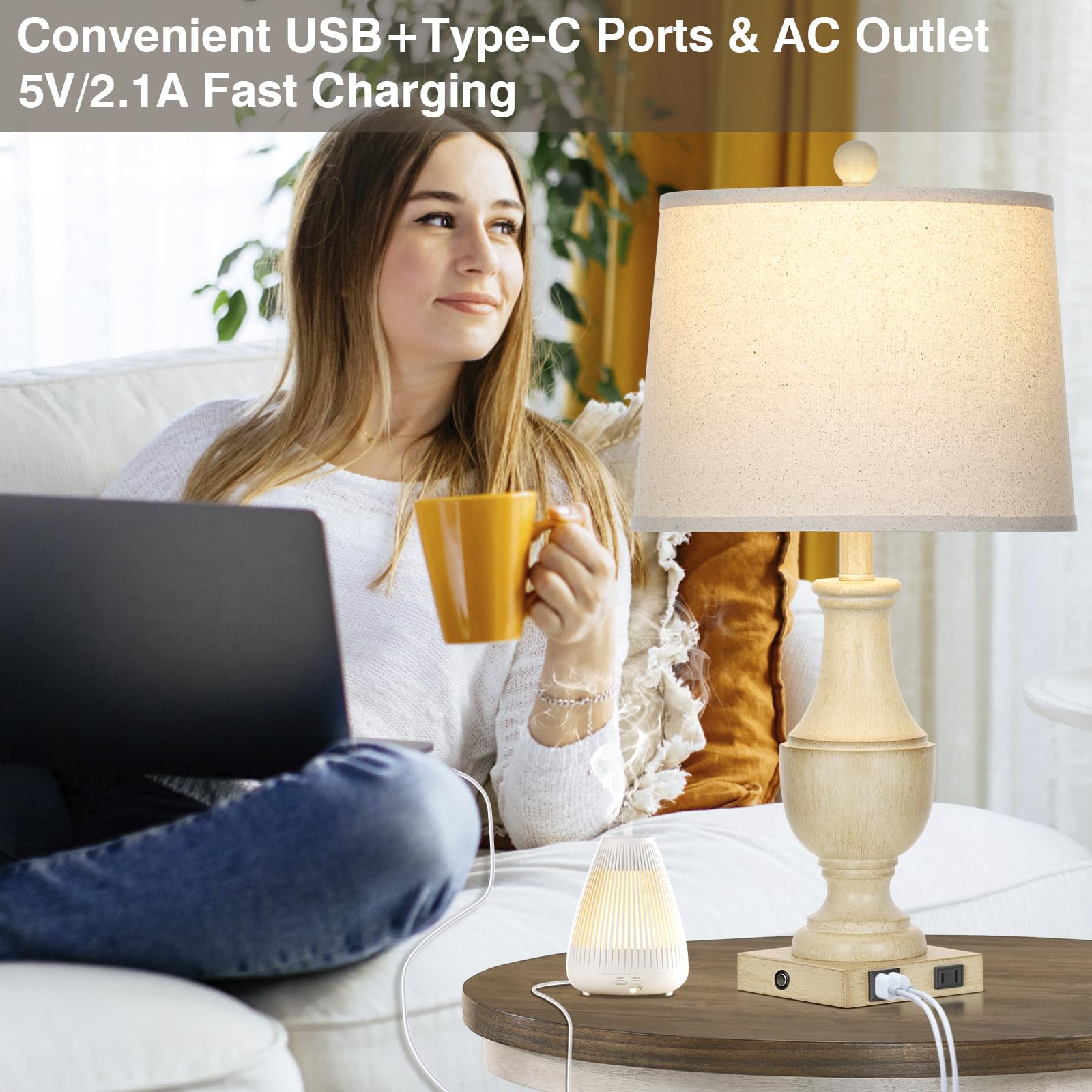 Rinweey Farmhouse Lamps Set Of 2, Vintage Rustic 3-Way Dimmable Touch Control Table Lamp With Usb A+C Charging Ports & Ac Outlet