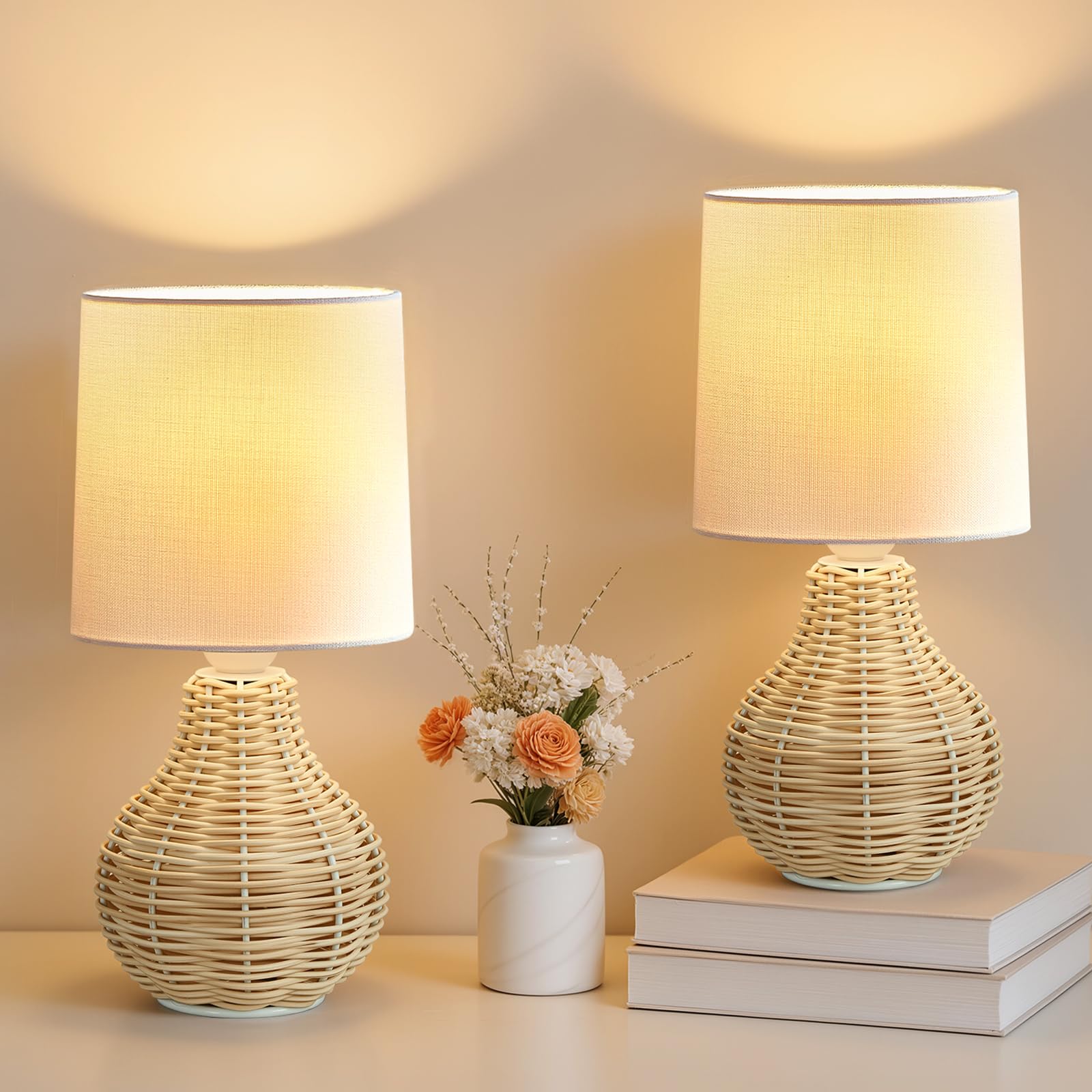 EJIAXIN Rattan Table Lamp Boho Lamps Set of 2-12.5 Mini Farmhouse Wicker Light Rustic End Table Decorative Small Lamps for Small Spaces Bedroom Nightstand Living Room Reading Desk Side Table Lamp