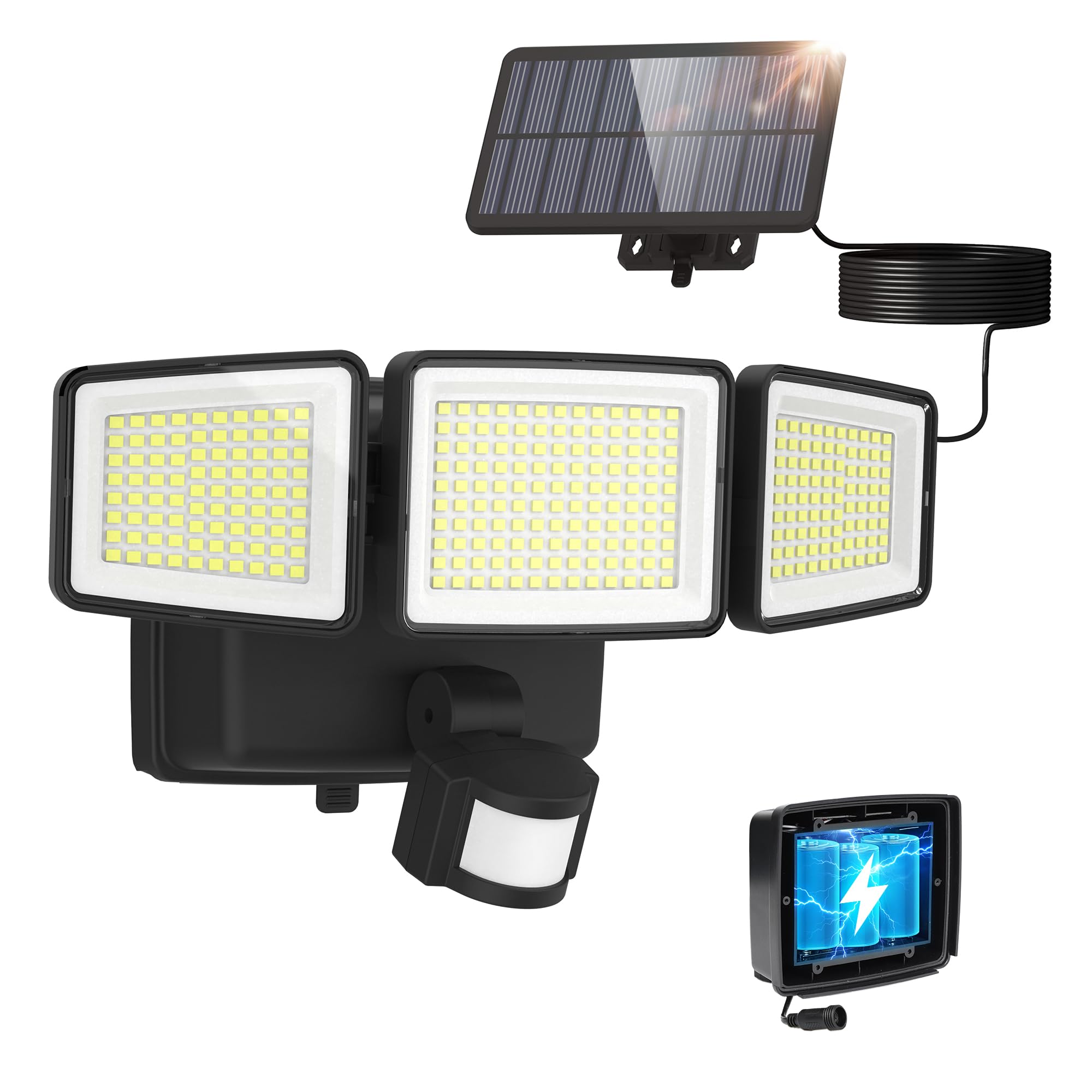 UME Hybrid Solar Motion Sensor Flood Lights, 302 LED, 1800LM, IP65 Waterproof, 3-Head, Black, Model 692610