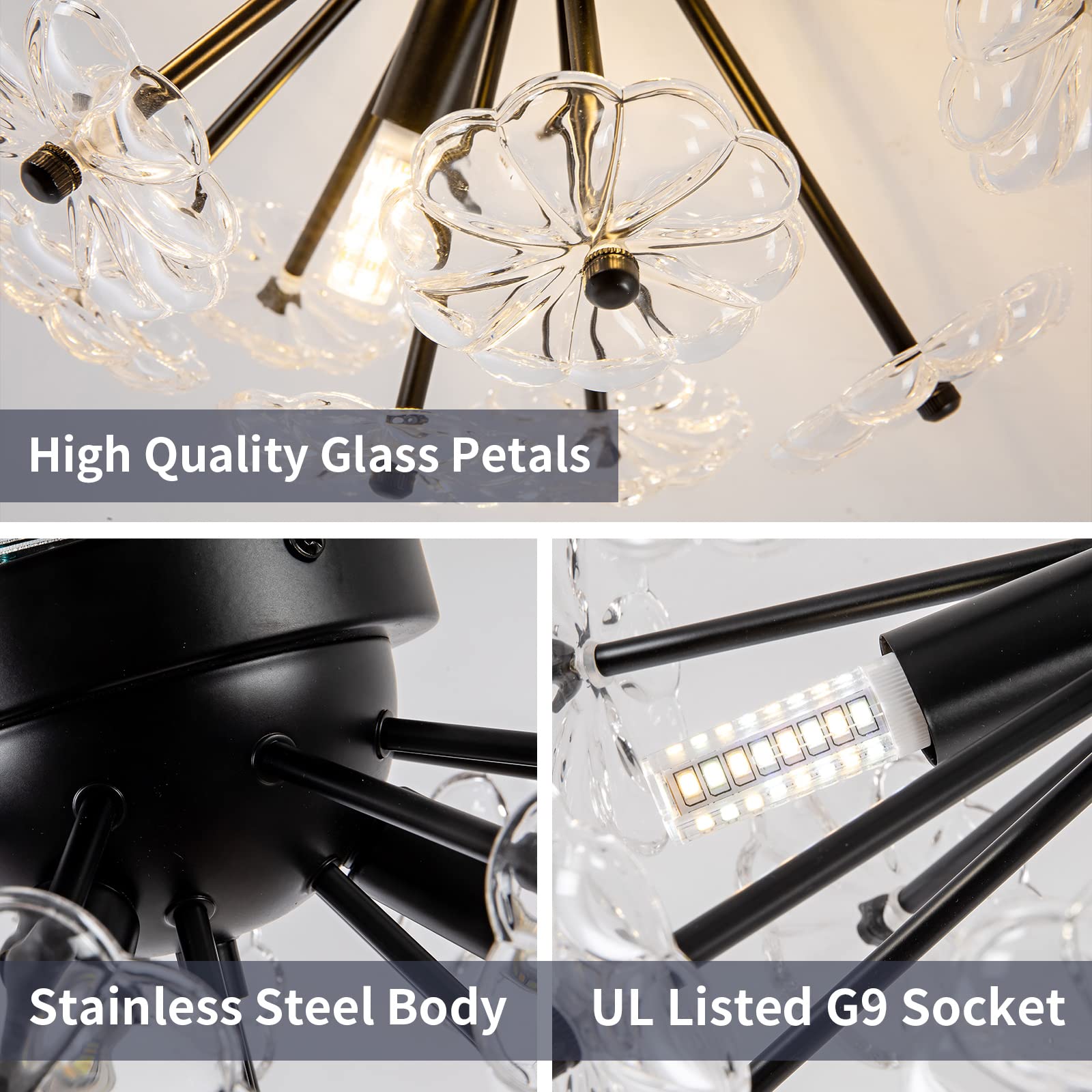 Semi Flush Mount Ceiling Light, Black Metal Flower Ceiling Light Fixtures, 3-Light Farmhouse Close To Ceiling Lamp Fixture For B