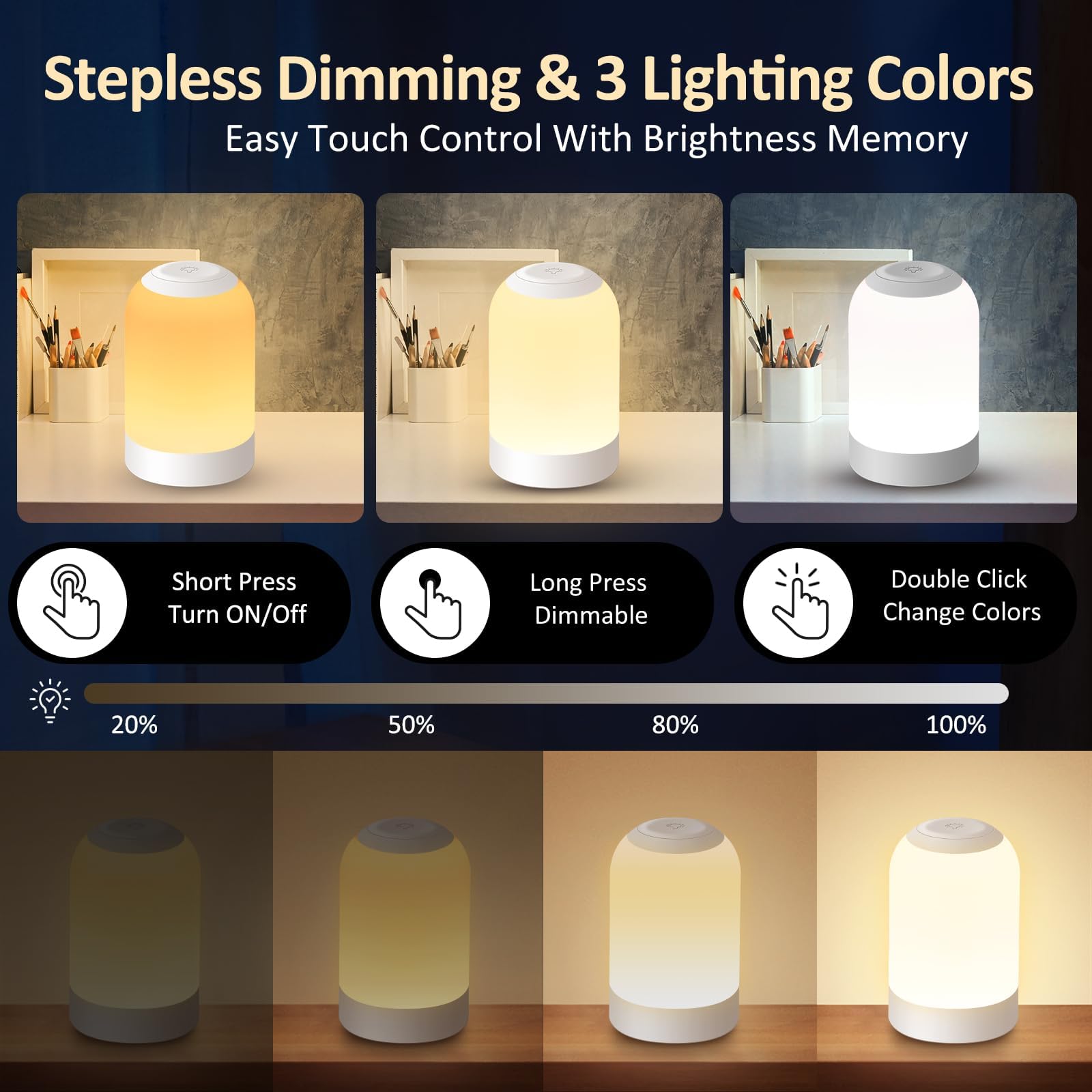 G Keni Touch Bedside Night Lamp, USB Rechargeable Mini Light, Dimmable, Small, White/Warm/Natural, Model L1