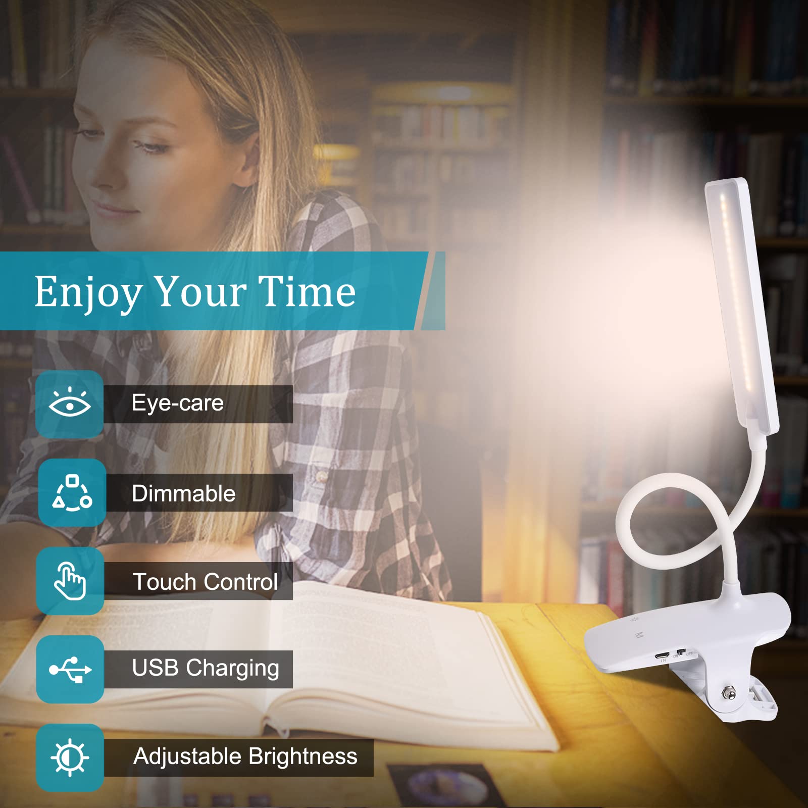 Deaunbr Led Reading Light With Clip, Usb Rechargeable, 24 Leds, Flexible Neck, White, Model Ws0030-00