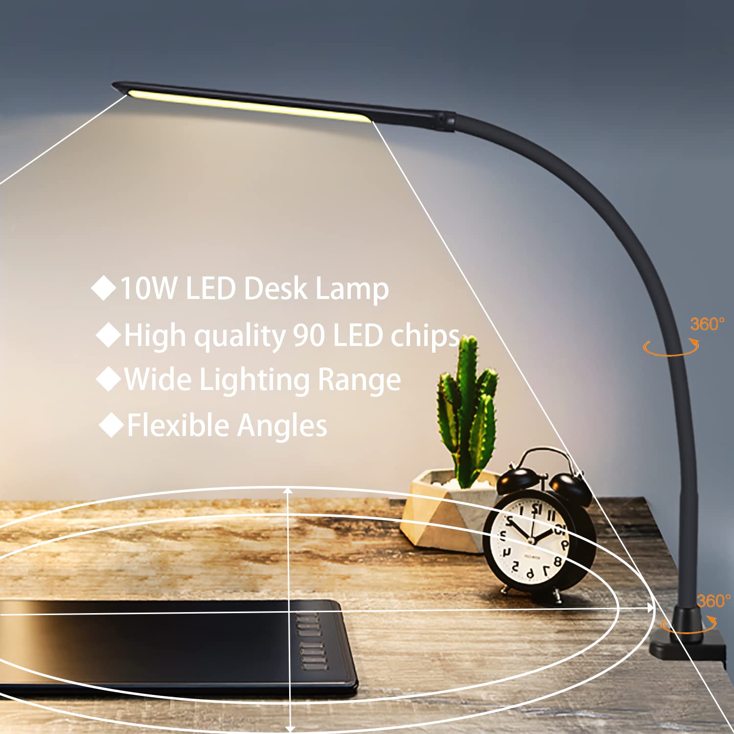 Youkoyi Led Desk Lamp - 10W Swing Arm, 5 Brightness Levels, 4 Color Modes, Touch Control, Gooseneck, Black, Model T7B