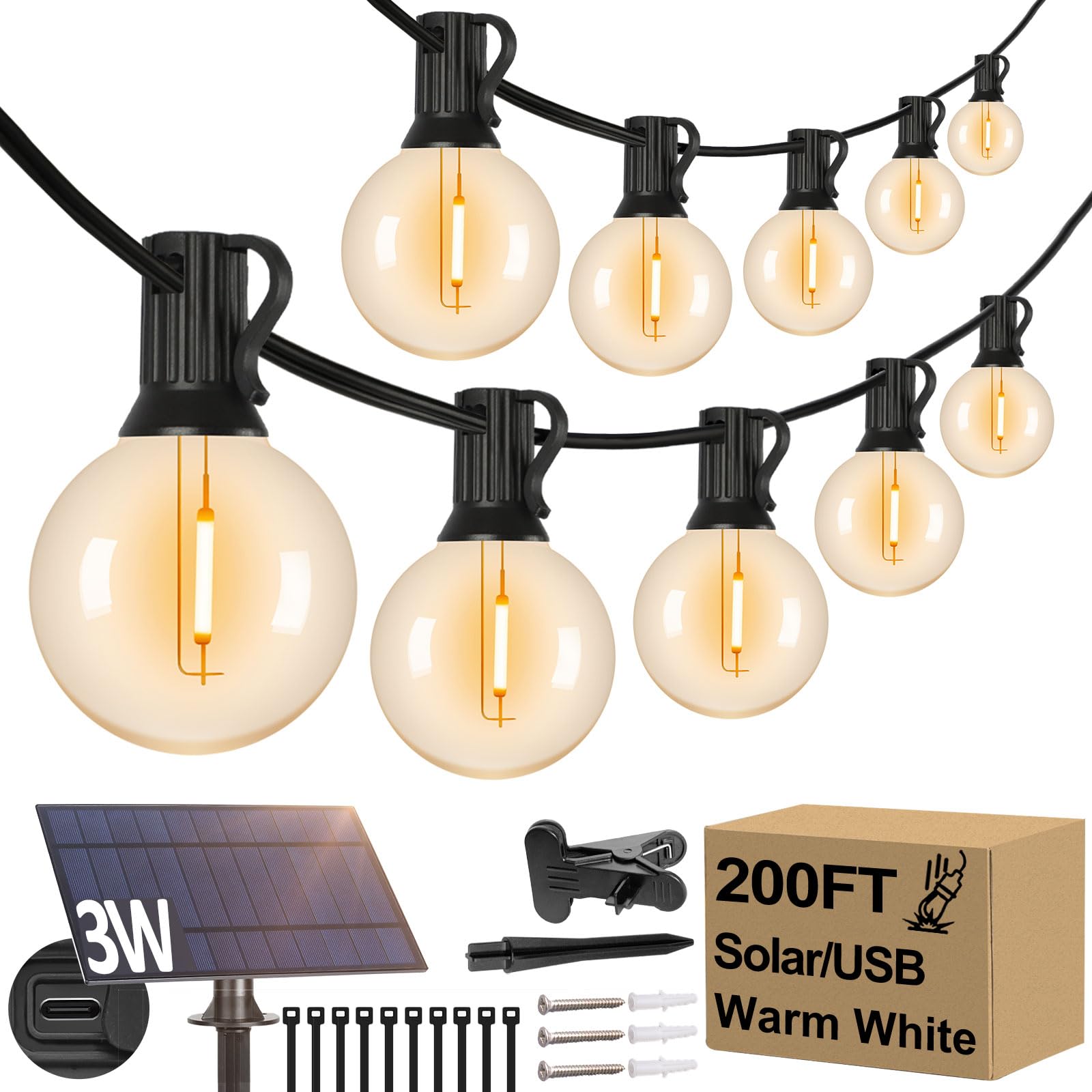 Lakumu G40 Solar String Lights, 200FT (100FT*2), 72 E12 LED Bulbs, 2700K Warm White, Shatterproof, Waterproof, Model KN-B