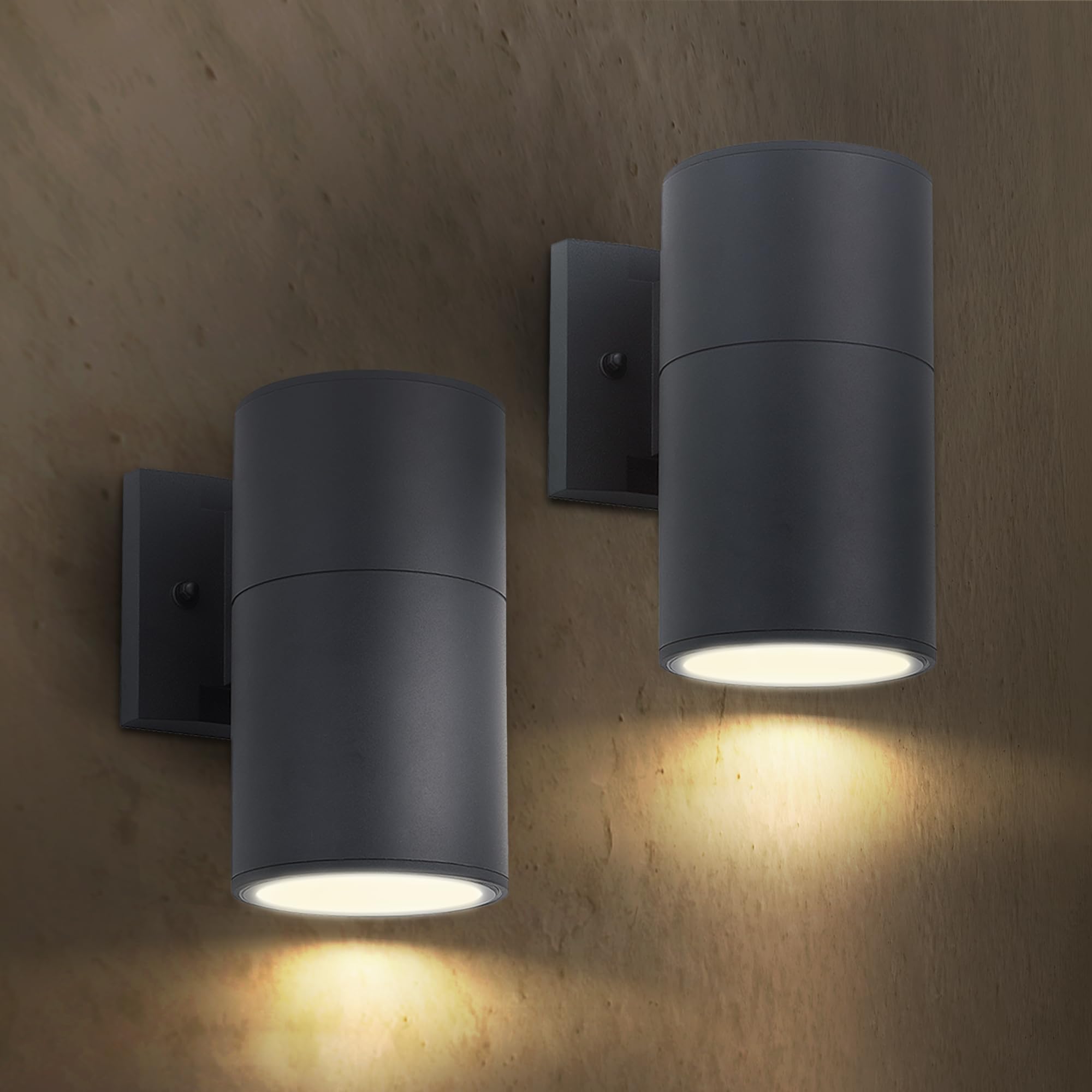 ASD 1 Light Outdoor Wall Light Fixture | 60W E26 Bulb Socket 120V ETL Cylinder Up Down Lights | LED/CFL/Incandescent Bulb Exterior Wall Sconce | Front Door  Porch Patio Lighting | Black  2 Pack