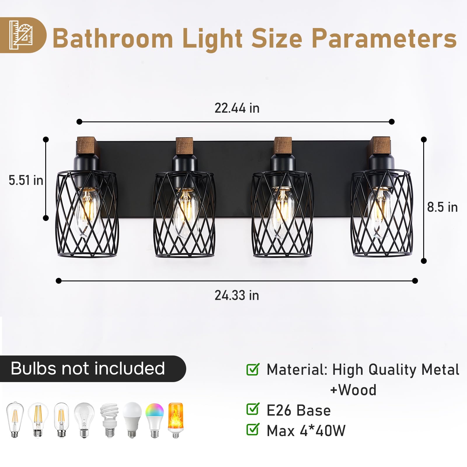 RVONOW 4-Light Bathroom Vanity Light, Black Metal Cage Shade, Rustic Wood Design, Model B219-057-04-BK