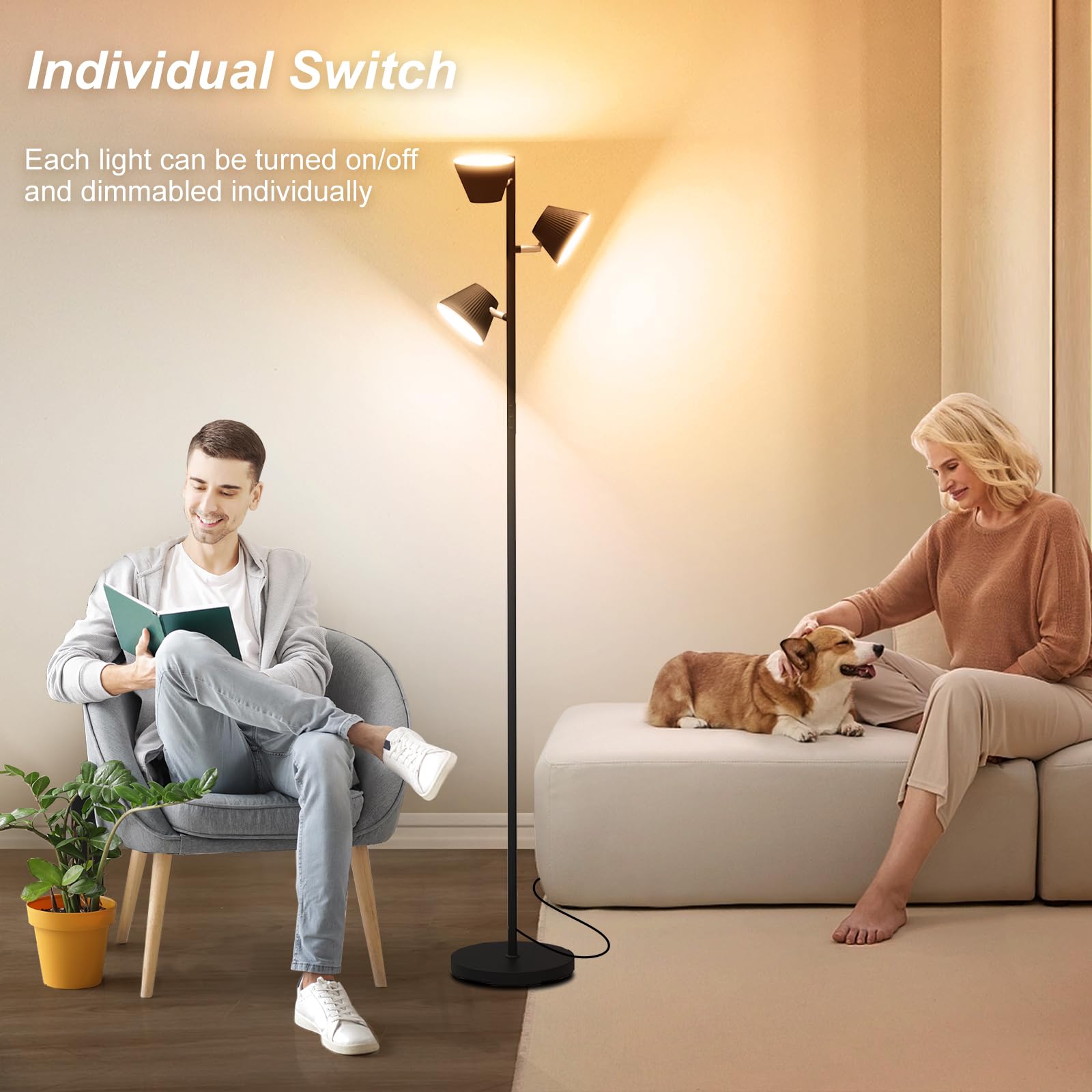 Pesken [2025 New] 42W Led Tree Floor Lamp, Modern Dimmable Standing Lamp With Remote Touch Control, 4 Color Temperatures, 3 Rota