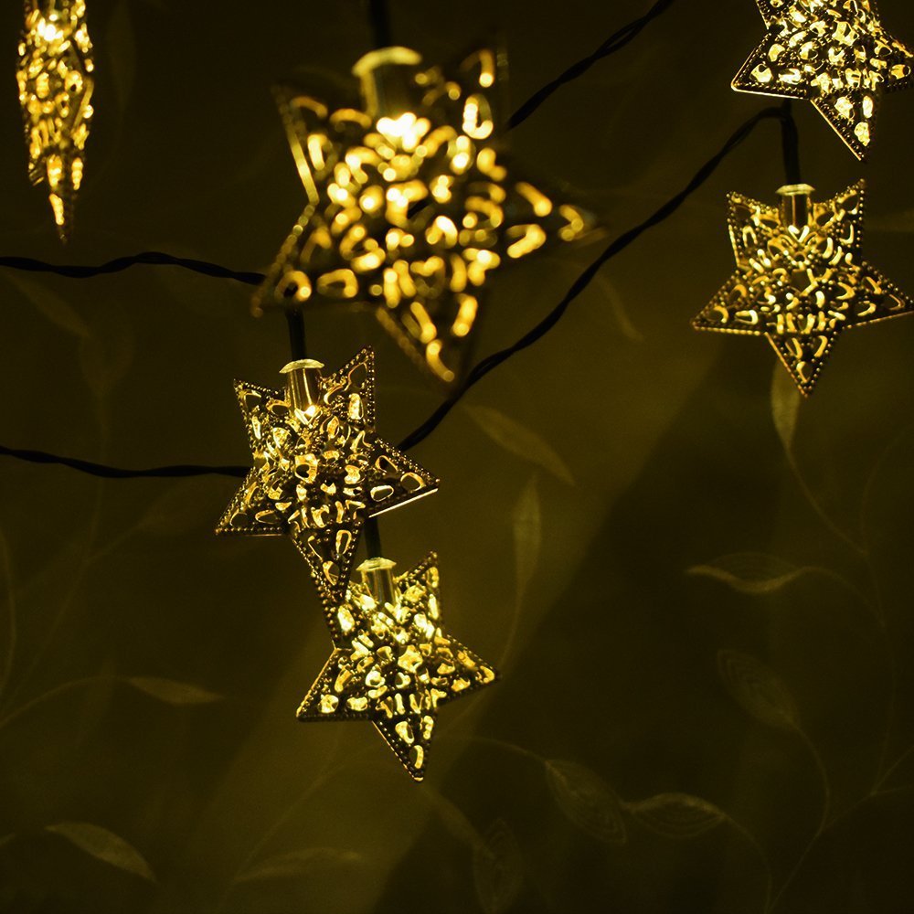 Hann Solar LED Star String Lights, 12ft, 20 Warm White LEDs, Gold, Model HA-001, for Garden, Home, Halloween, Christmas, Wedding Decor