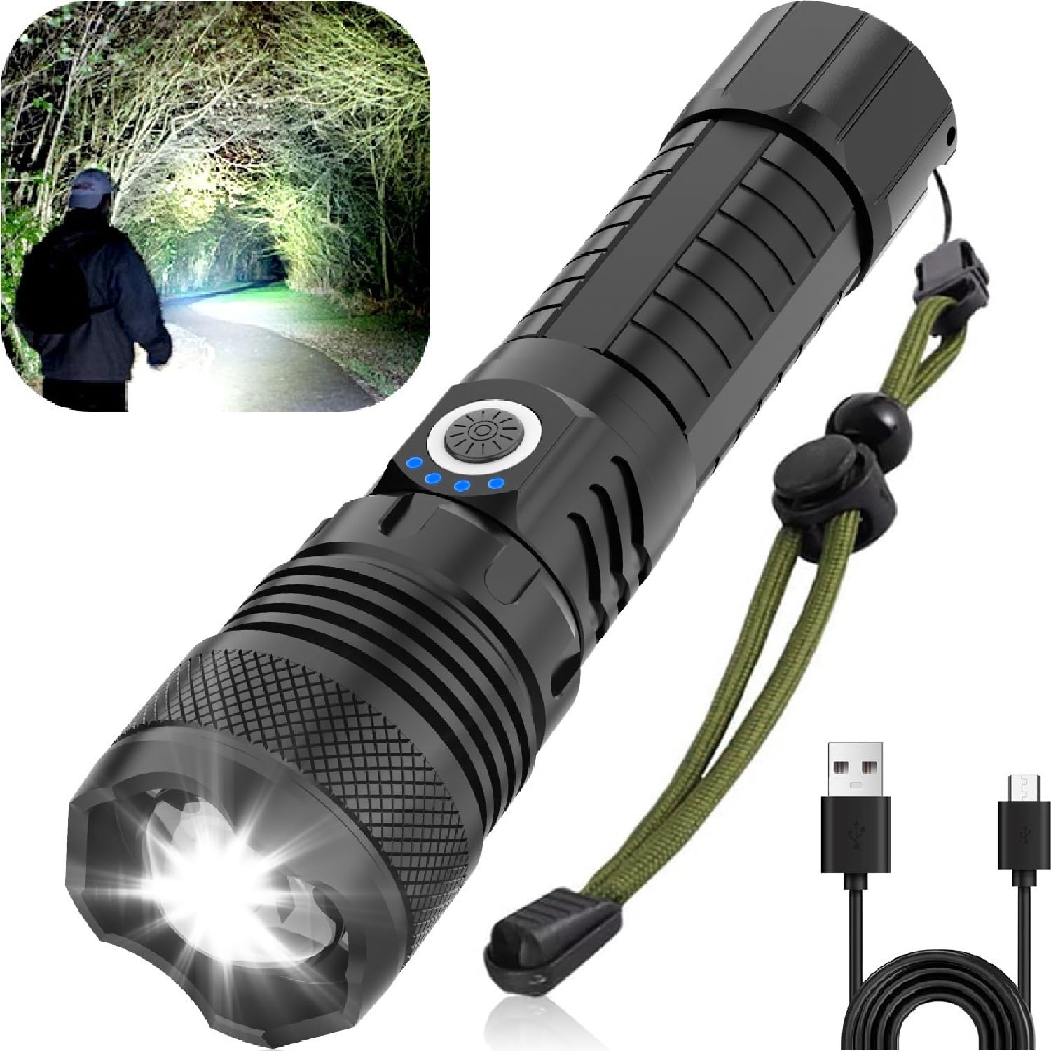 Victoper LED Flashlight, 10000 Lumens, Rechargeable, Zoomable, Waterproof, P50, Black, Model VT-FLV3000