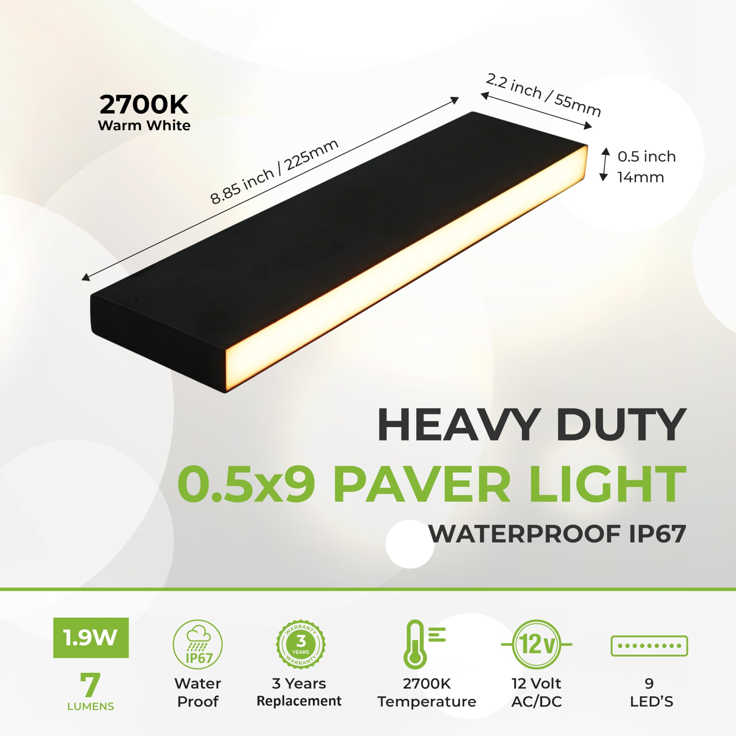LUMENGY Paver Light Slim 0.5x9" Stainless Steel 2700K Warm White, Waterproof, Drive-Over Rated, Model LMA-PVR-05X9