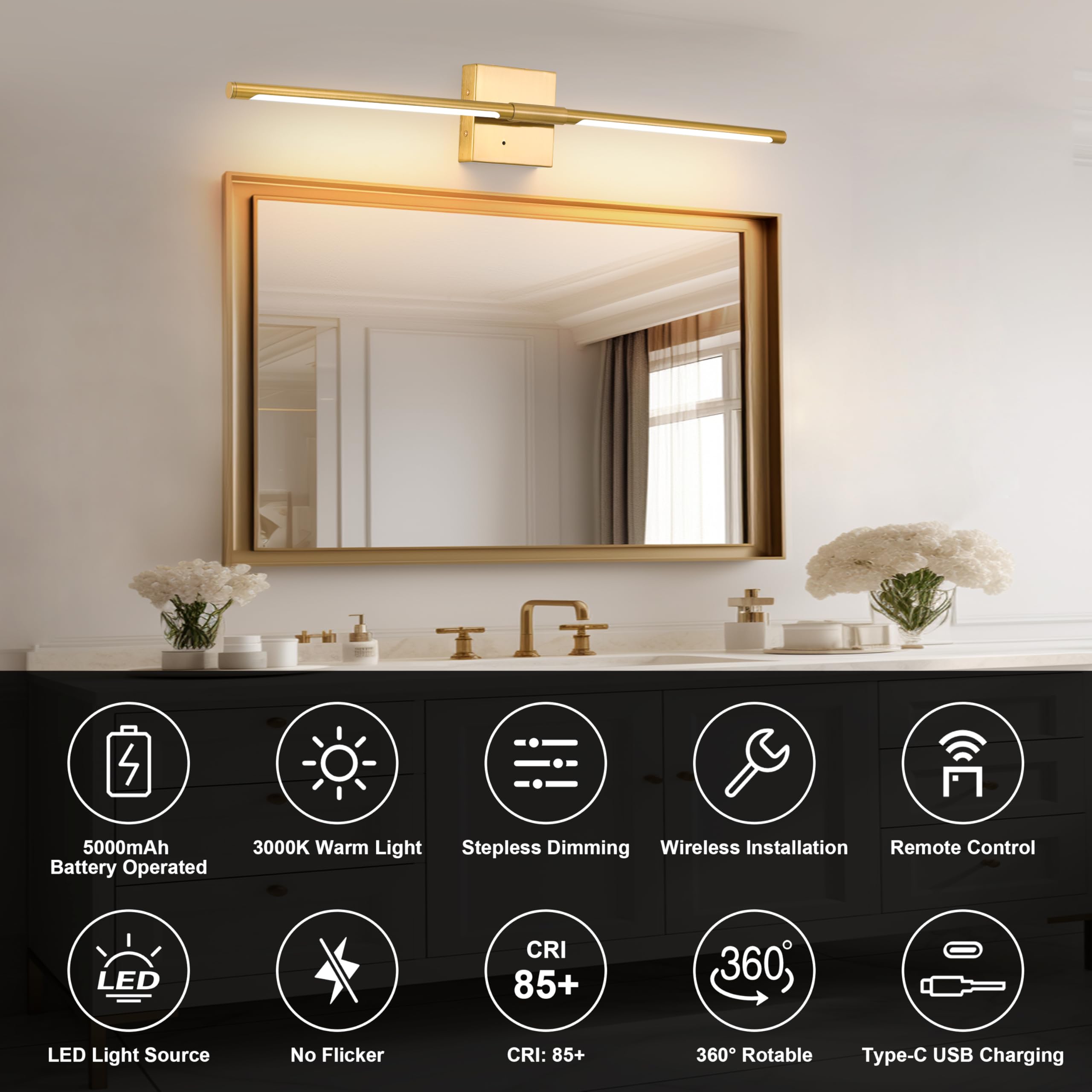 Morauroral Gold Battery Operated Wall Sconce Single, Usb Rechargeable Wall Sconce With Remote, Dimmable Sconce Wall Light, 30 In