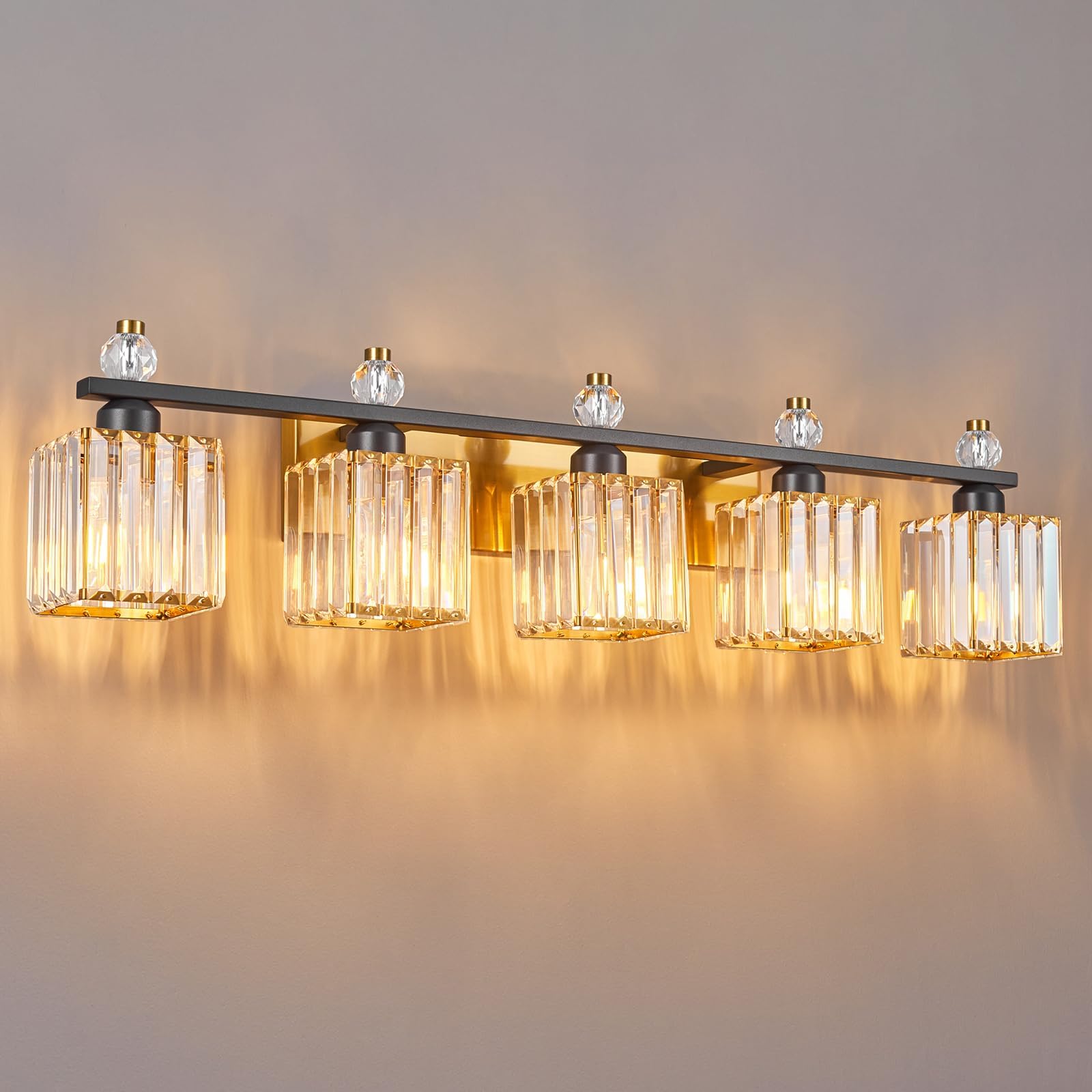 FDPBY 5-Light Crystal Vanity Light Black Gold Modern Bathroom Fixture Model 290