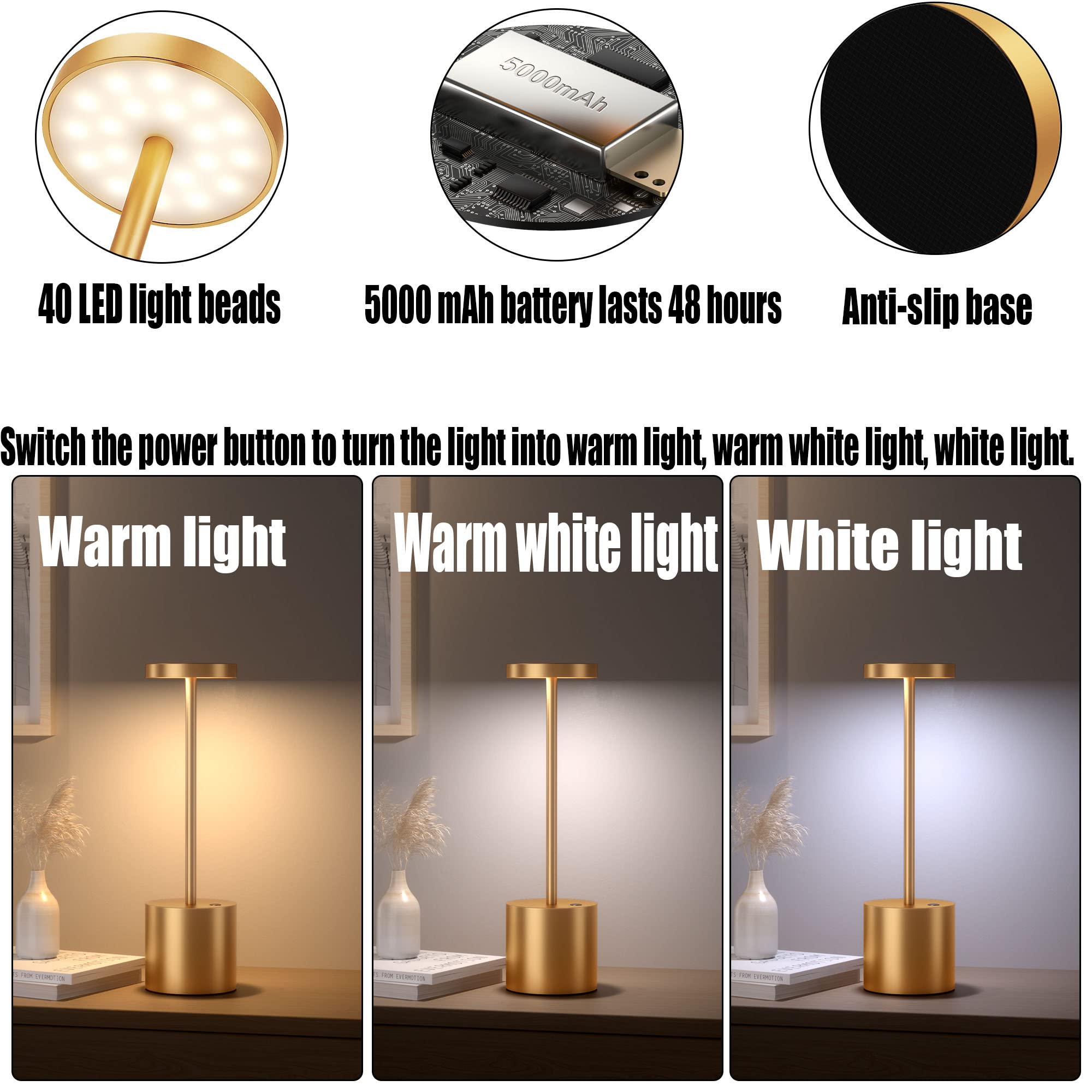 YIBEN Cordless Table Lamp 2Pack, Rechargeable LED 5000mAh, 3 Levels Brightness, 10.25in, Gold