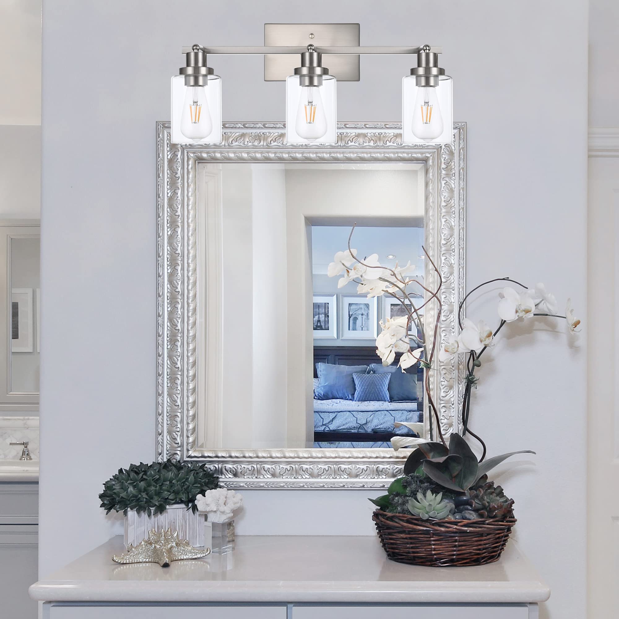 MELUCEE 3-Light Bathroom Vanity Light Brushed Nickel with Clear Glass Shade, Rotatable Track Heads, Ceiling or Wall Fixture