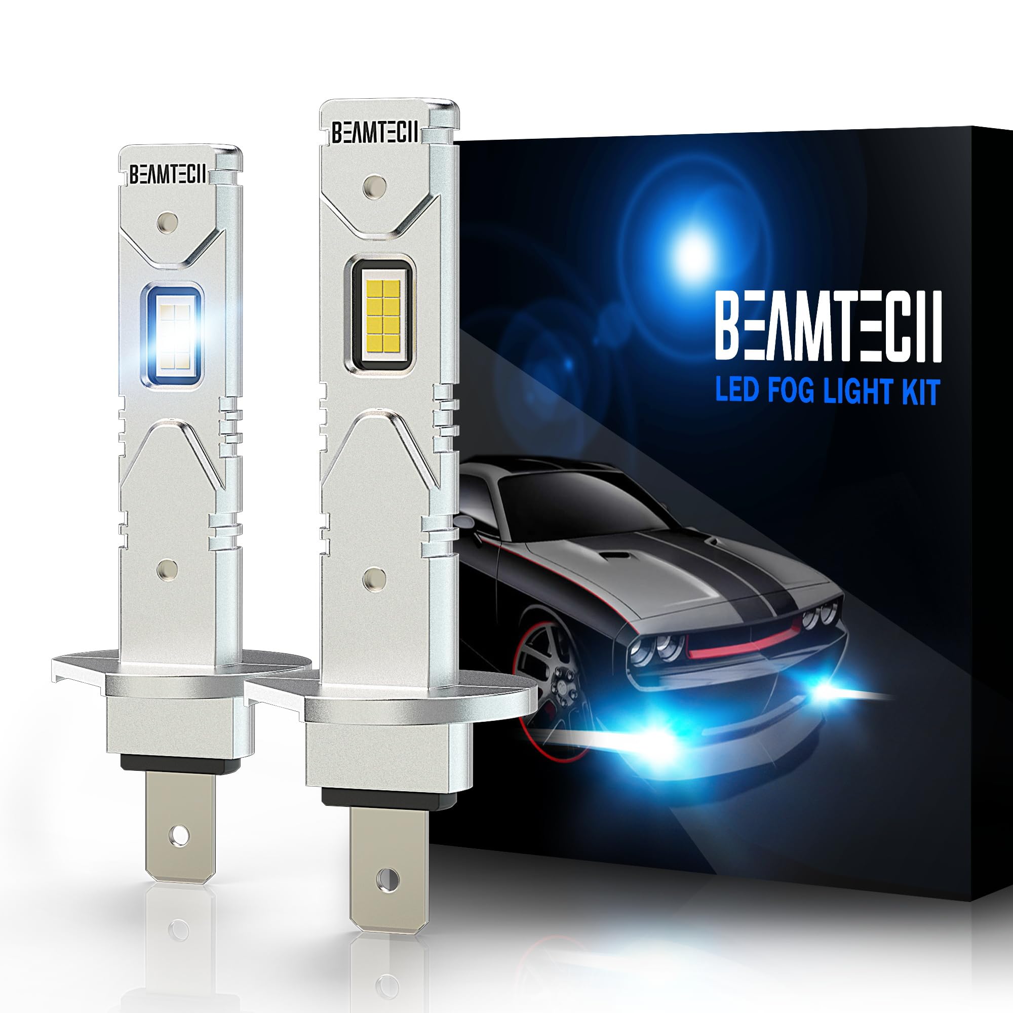 BEAMTECH H1 LED Fog Light Bulb, 2800 Lumens, 6500K Xenon White, Mini Size, Aluminum, Pack of 2