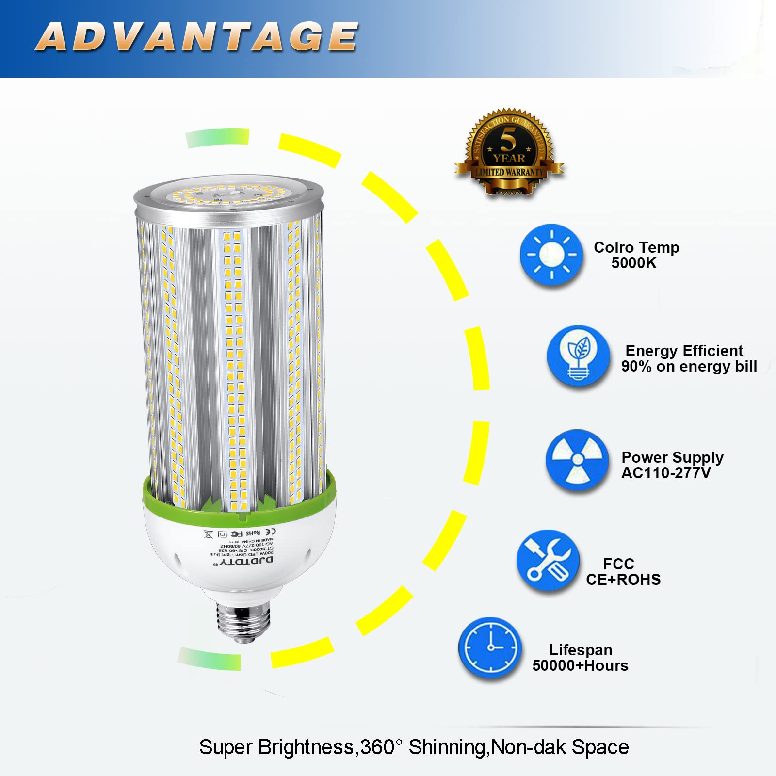 DJDTDTY LED Corn Light Bulb, 200W, 20000 Lumen, E26 Base, 5000K Daylight, Aluminum, Indoor/Outdoor Use