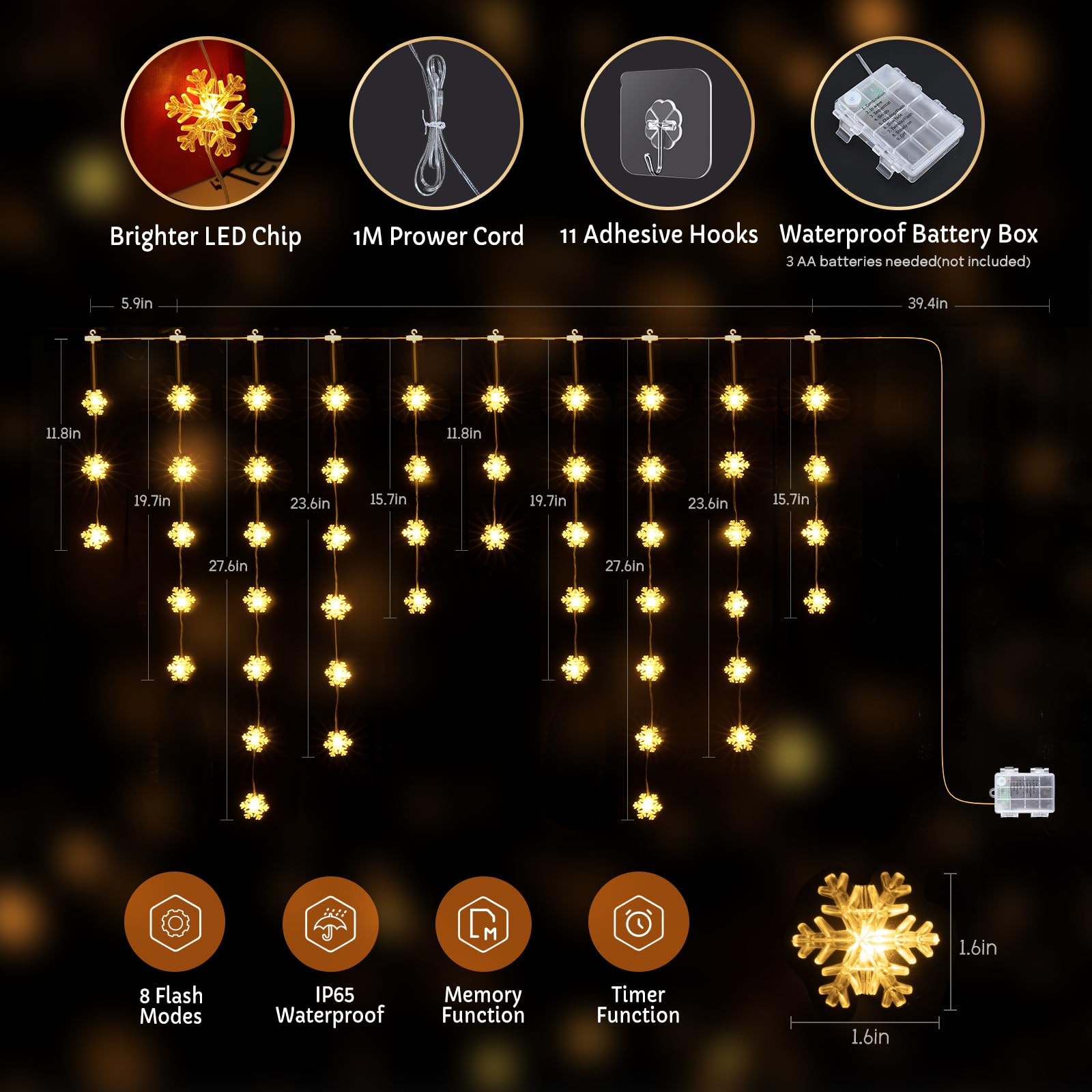 Quntis Snowflake Christmas Window Lights, 50 LED Battery Operated Christmas Snowflake Curtain Lights with Timer, 8 Modes Xmas De