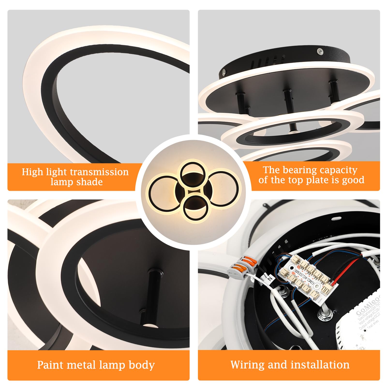 Stch Modern Led Ceiling Light, Dimmable 3000K/4000K/6500K, Black 4 Rings Flush Mount Ceiling Lamp, Ceiling Light Fixture With Re