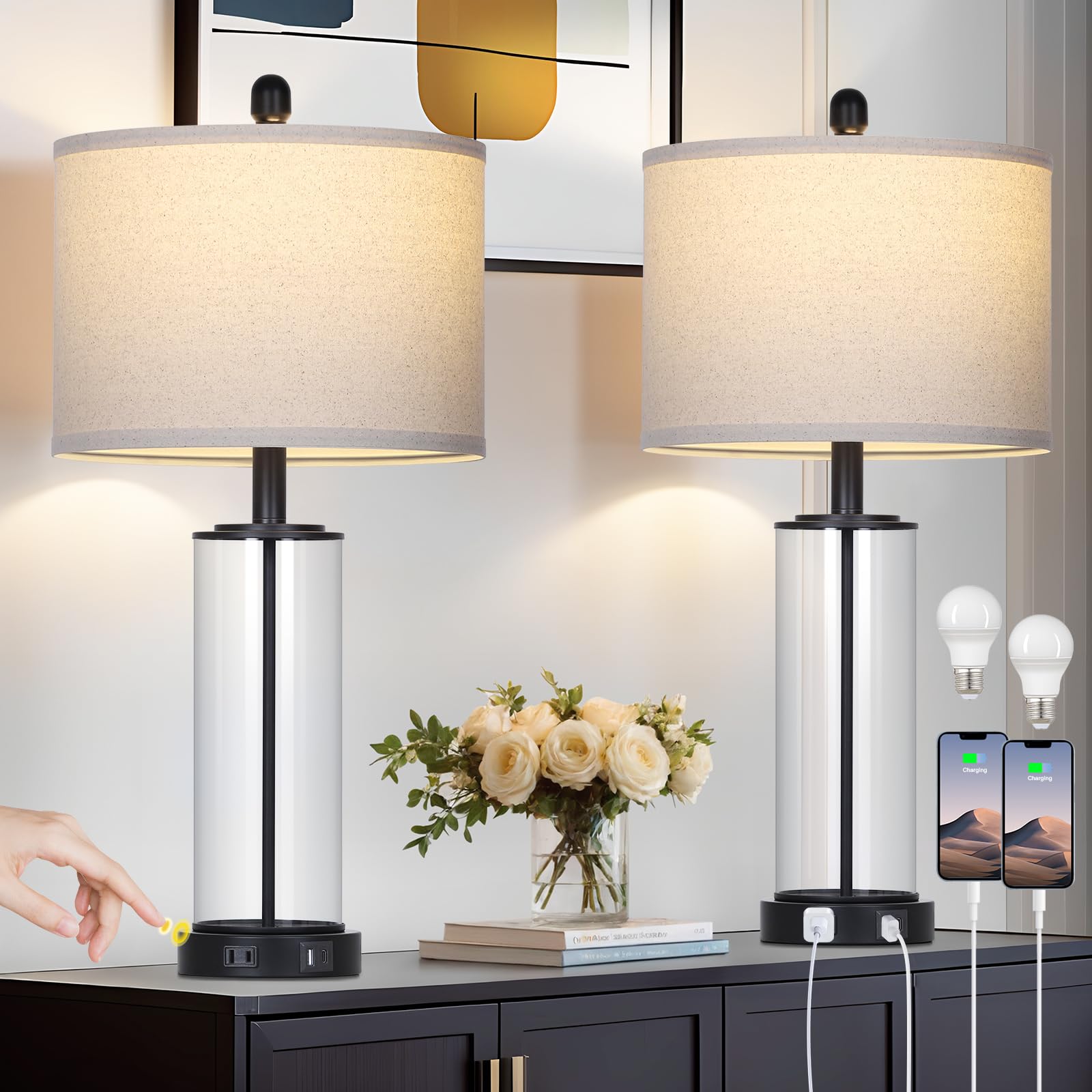 26'' Glod Glass Table Lamps Set Of 2, 3-Way Dimmable Touch Control Living Room Lamp With Usb C+A Ports & Ac Outlet, Modern Bedsi