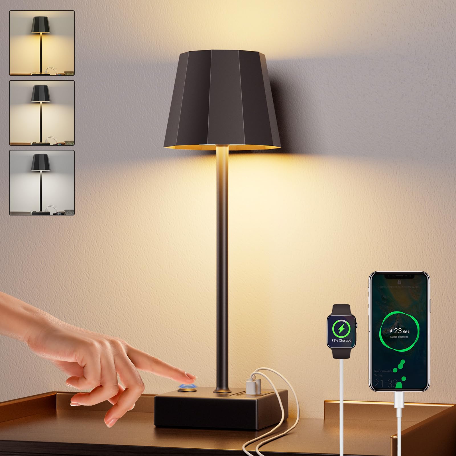 Niaycouky Cordless Table Lamp - 8000Mah Rechargeable, Touch Control, 3 Color Dimming, Black