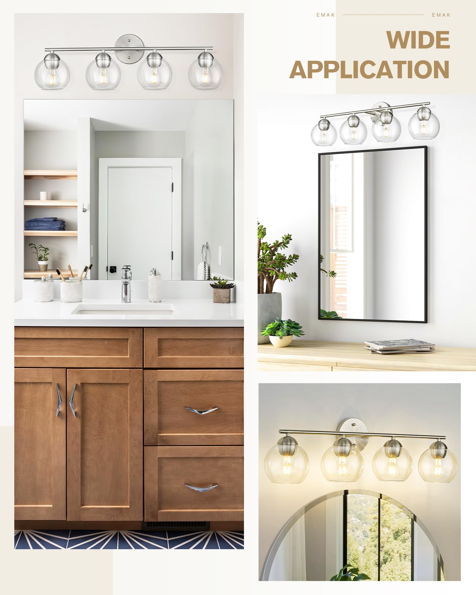 Emak Mak 4-Light Bathroom Vanity Light  29 Inch Brushed Nickel Bathroom Light  Globe Vanity Lighting With Clear Glass Shade For Bath  Vl114-Bn-4