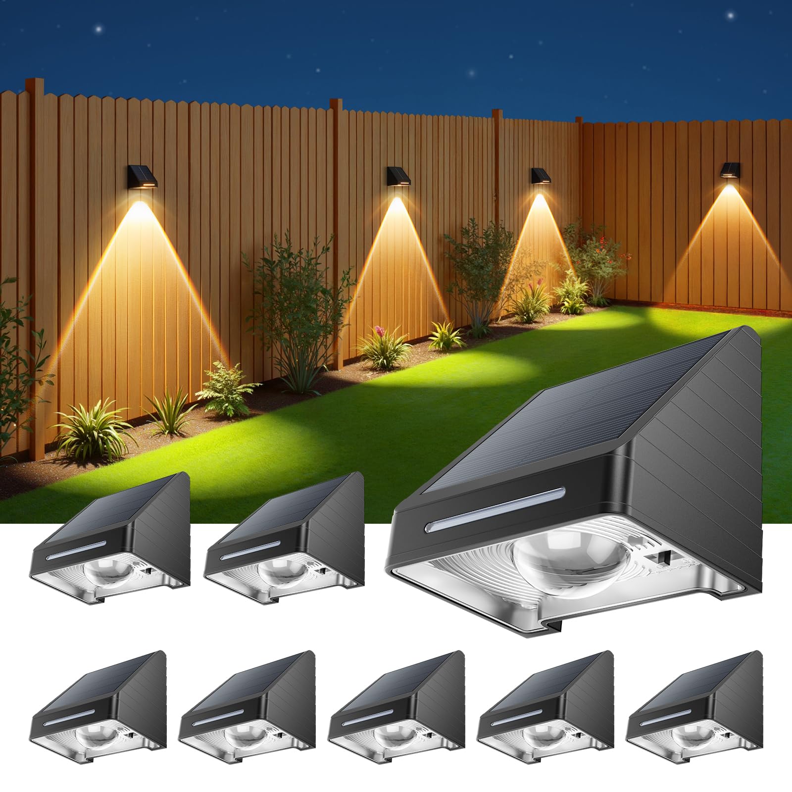LETMY Solar Fence Lights Outdoor 8 Pack - Brighter Focused Lens, Cold White & Warm Light Fence Solar Lights Outdoor Waterproof, 