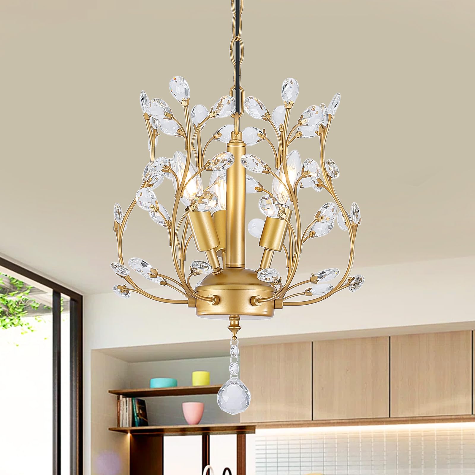 3Wwwuee Small Black Crystal Chandelier, Farmhouse 3-Light Branch Crystal Pendant Light With 47.2'' Adjustable Chain, Vintage 13.