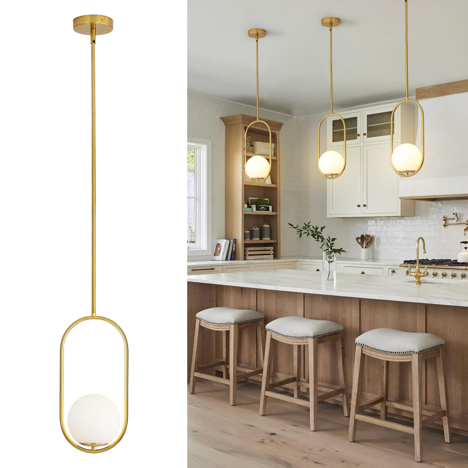 Yunnix Pendant Lights Kitchen Island  Pendant Light Fixtures  Modern Gold Globe Glass Pendant Lighting  Brass Mid Century Chandelier One Light for Bathroom Bedroom Dining Room(Bulb Not Included)