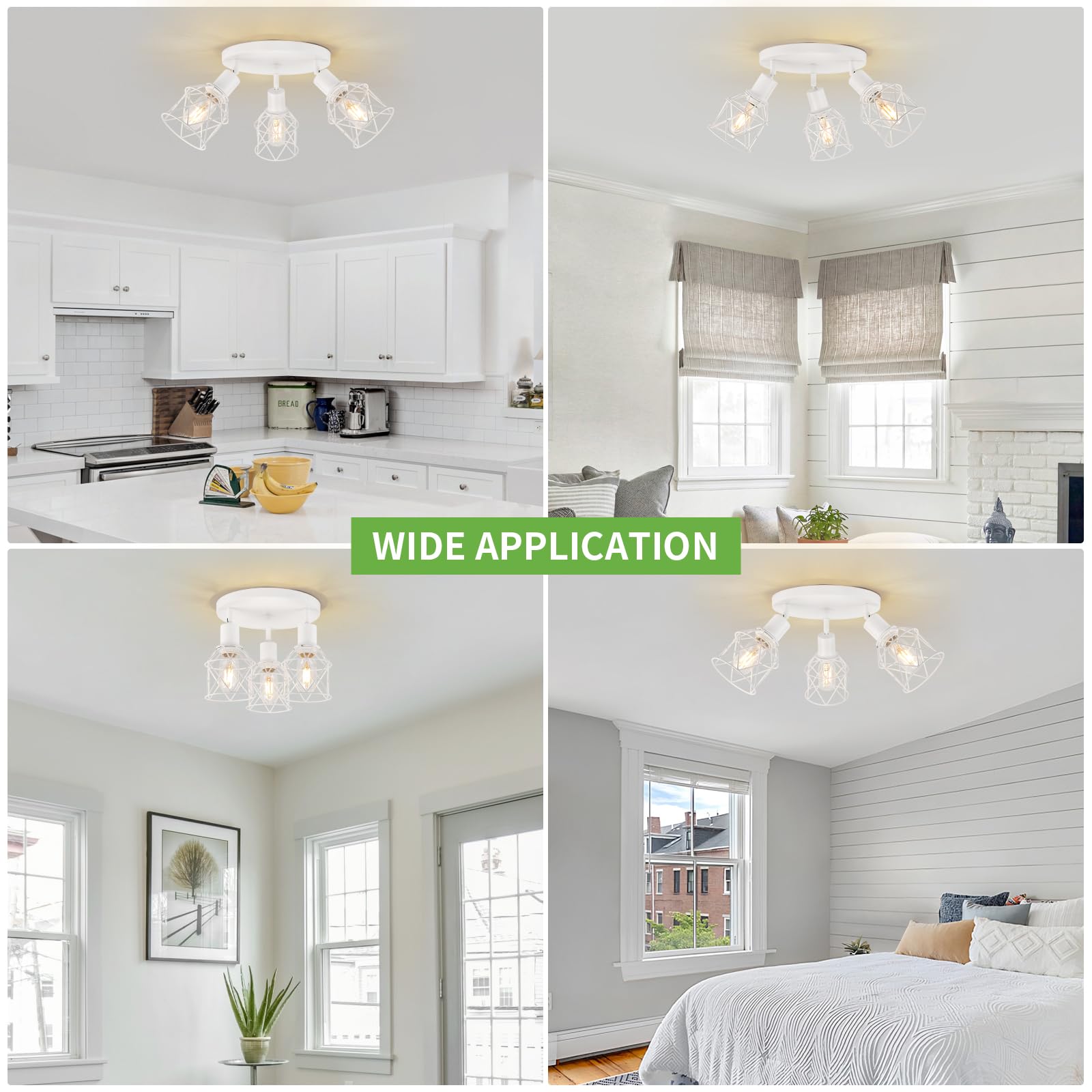 WILON 3-Light Flush Mount Ceiling Light, Metal Kitchen Fixture, White, Model QLUSX0043W, Multi-Directional Track Lighting for Hallway & Dining Room