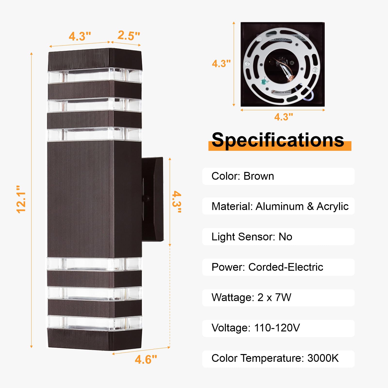 DASTOR Outdoor Wall Lights, Waterproof Aluminum Fixture, 3-Layer, Brown, 2 Pack, Model DST-240402