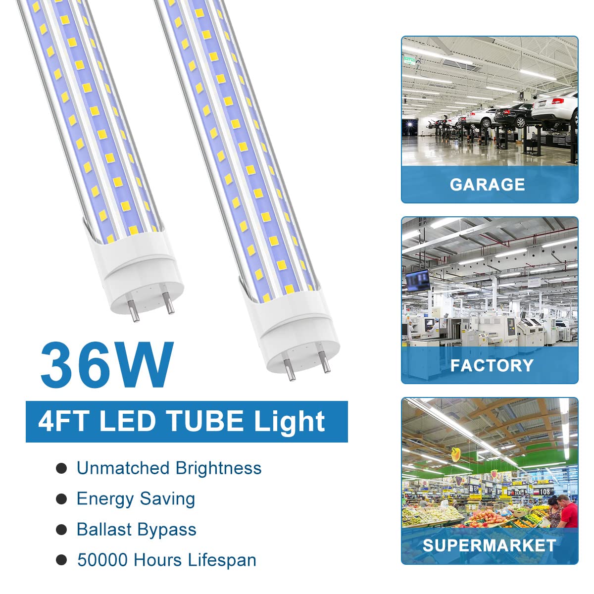 SHOPLED T8 LED Bulbs 4FT, 36W 4680LM, Cool White, Ballast Bypass, D-Shaped, 25 Pack