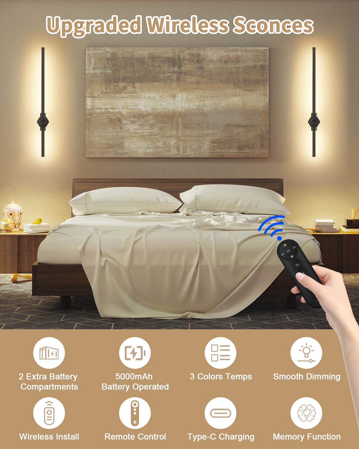 Bemokuri Battery Operated Wall Sconce Set Of Two, 2 Extra Removable Battery Compartments Included, 3000K-6500K Dimmable Wireless