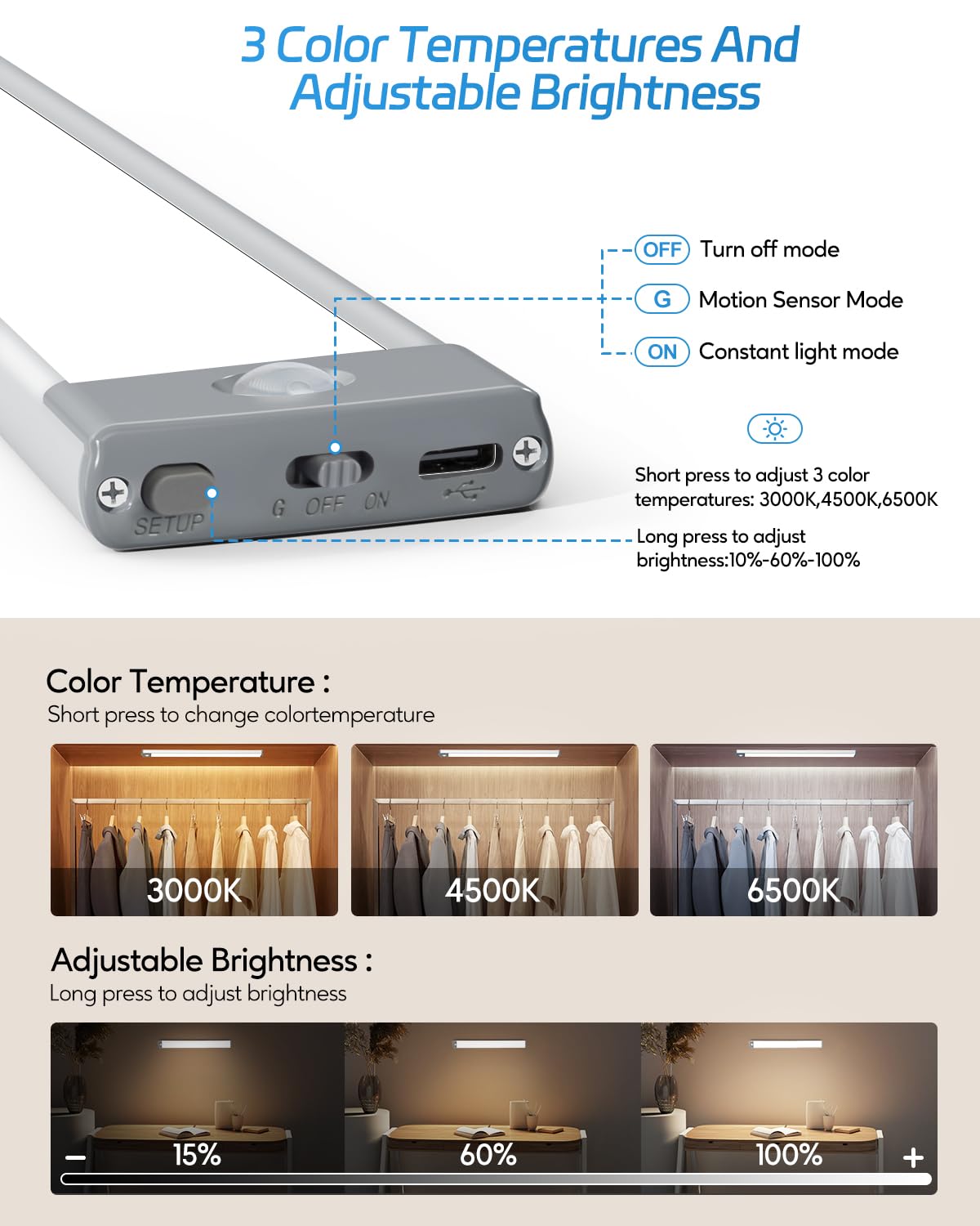HIBOITEC Under Cabinet Lights, 35LED, Wireless Rechargeable, 3 Color Temperatures, 8inch Size, 2 Pack