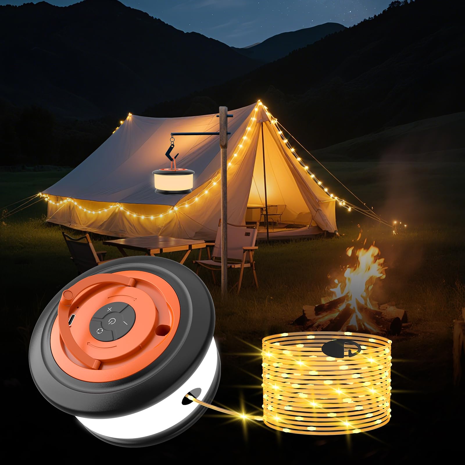 Phylosal Camping String Lights - 3 in 1 Outdoor Light with 6 Modes, 32.8FT Rechargeable Tent Lantern, Black & Orange, Model JSK-L26