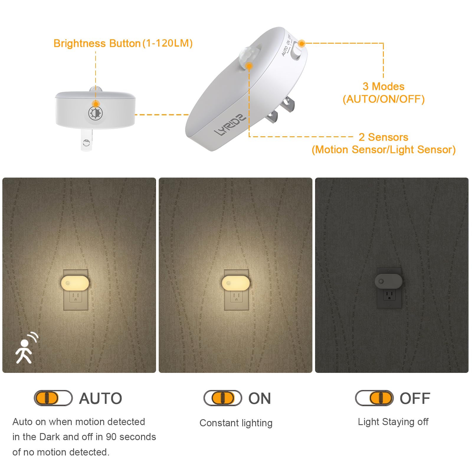 Lyridz Motion Sensor Night Light, 1-120LM Adjustable Brightness, Warm White, 2 Pack, Model A5117, Plastic