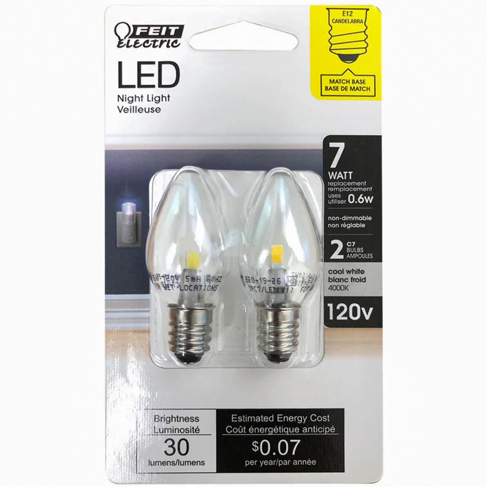 Feit Electric C7 LED Night Light Bulb, 0.6W, 4000K Cool White, Clear, 2 Count, Candelabra Base, Model BPC7/LED