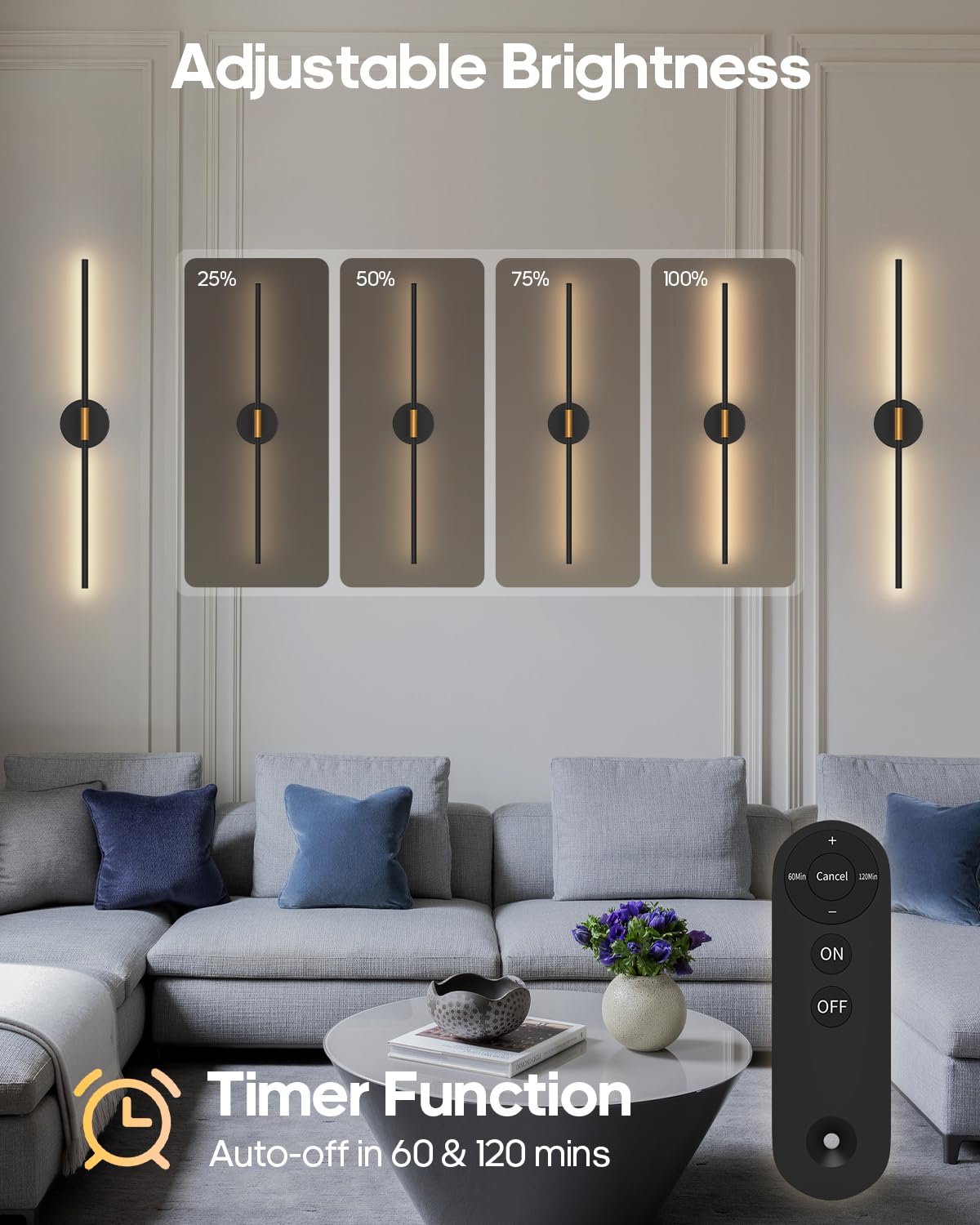 Battery Operated Wall Sconces Set of 2, 360 Rotatable Wall Sconce with Remote Control, 3000K Dimmable Magnetic Mount Wall Sconce