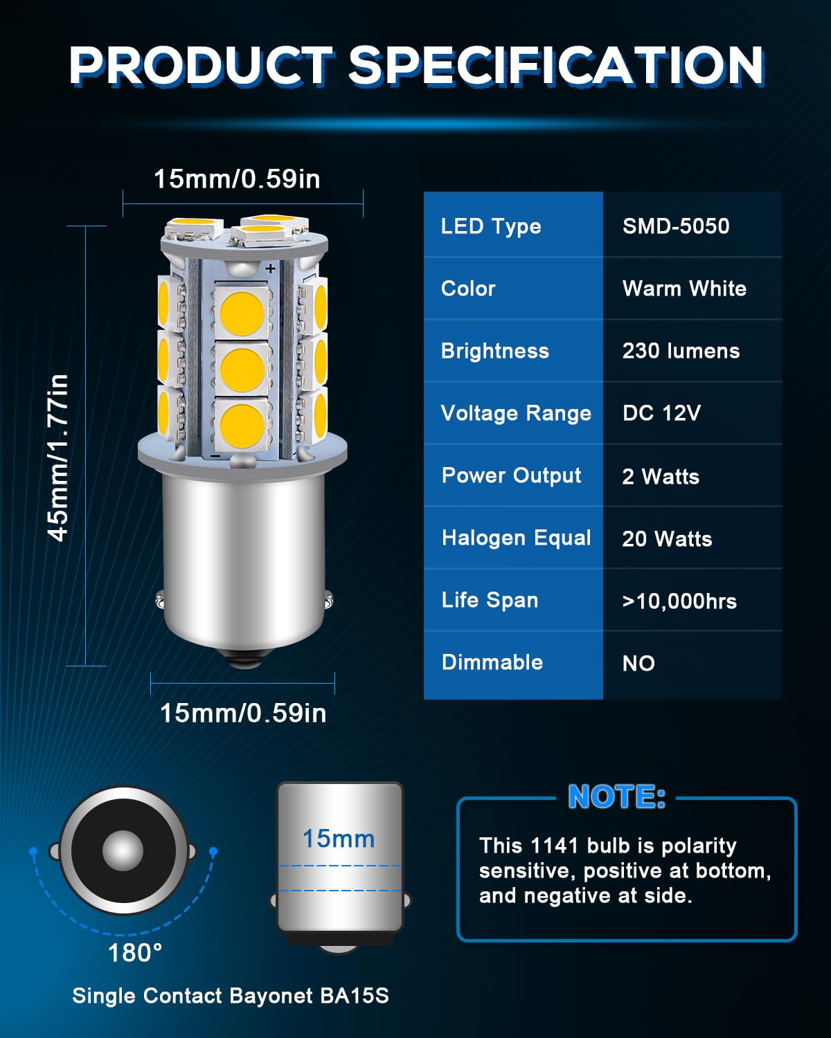 Alopee 1141 LED Bulb RV Light, 5050 18SMD, Warm White, 12V, Replacement for 7506 1141 1003, Pack of