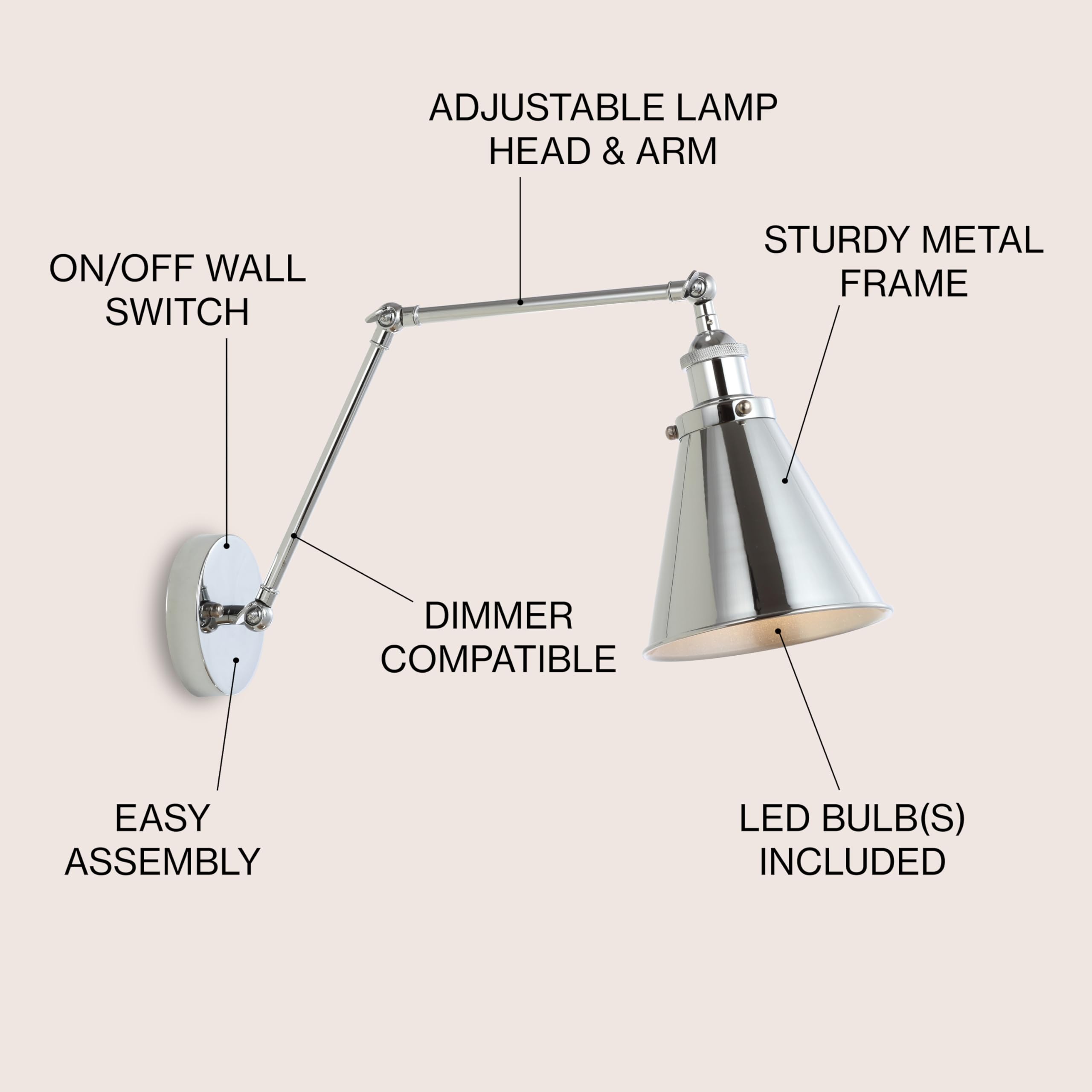 JONATHAN Y Adjustable Arm Metal LED Wall Sconce, 7in, Chrome, Model JYL7460A, Rustic Farmhouse Industrial Design