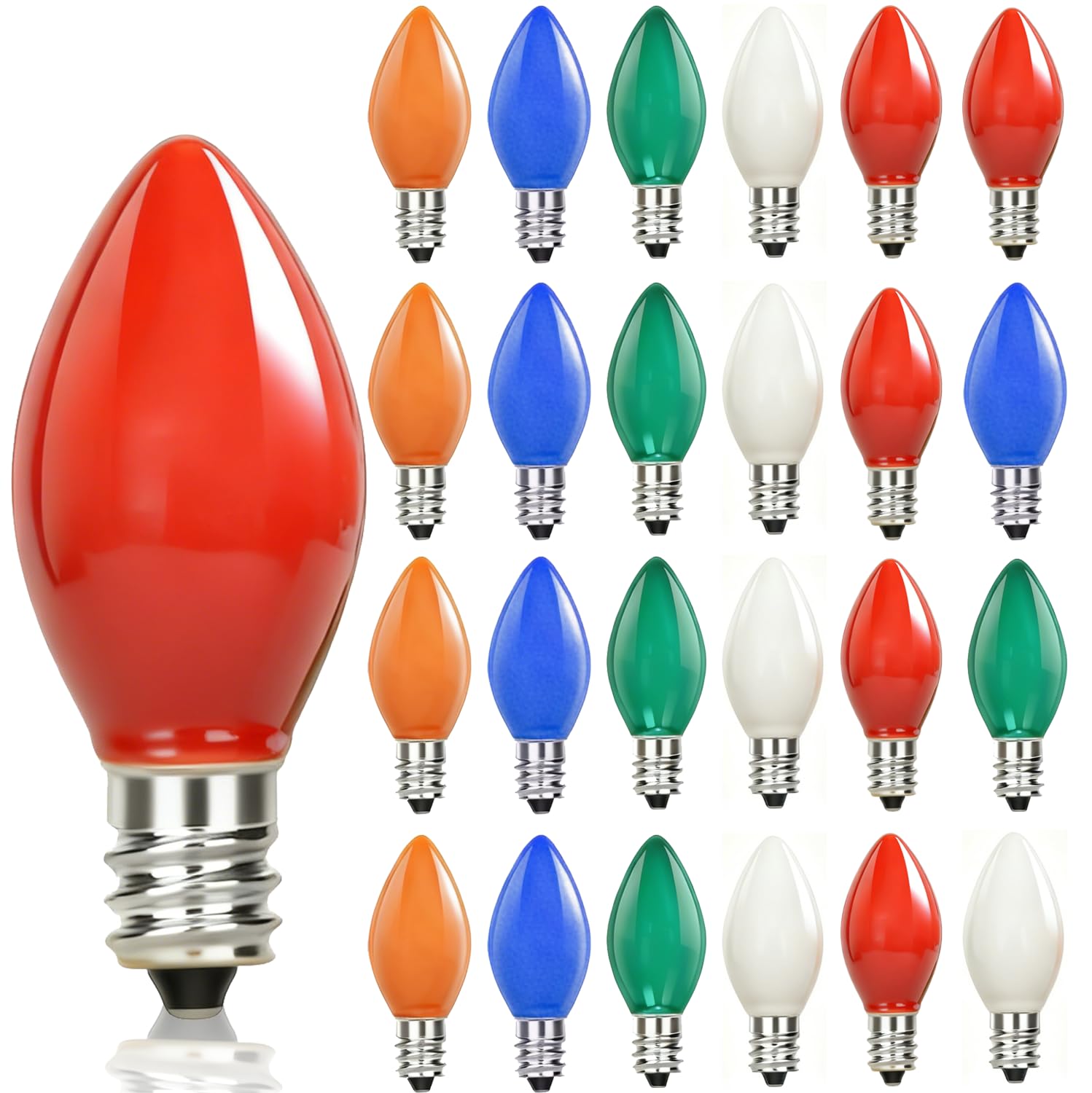 25 Pack C7 Multicolor Christmas Replacement Bulbs  Vintage Incandescent Ceramic Light Bulbs  5W E12 Candelabra Base  Waterproof Glass Bulbs for Indoor Outdoor String Lights Roofline Decorations