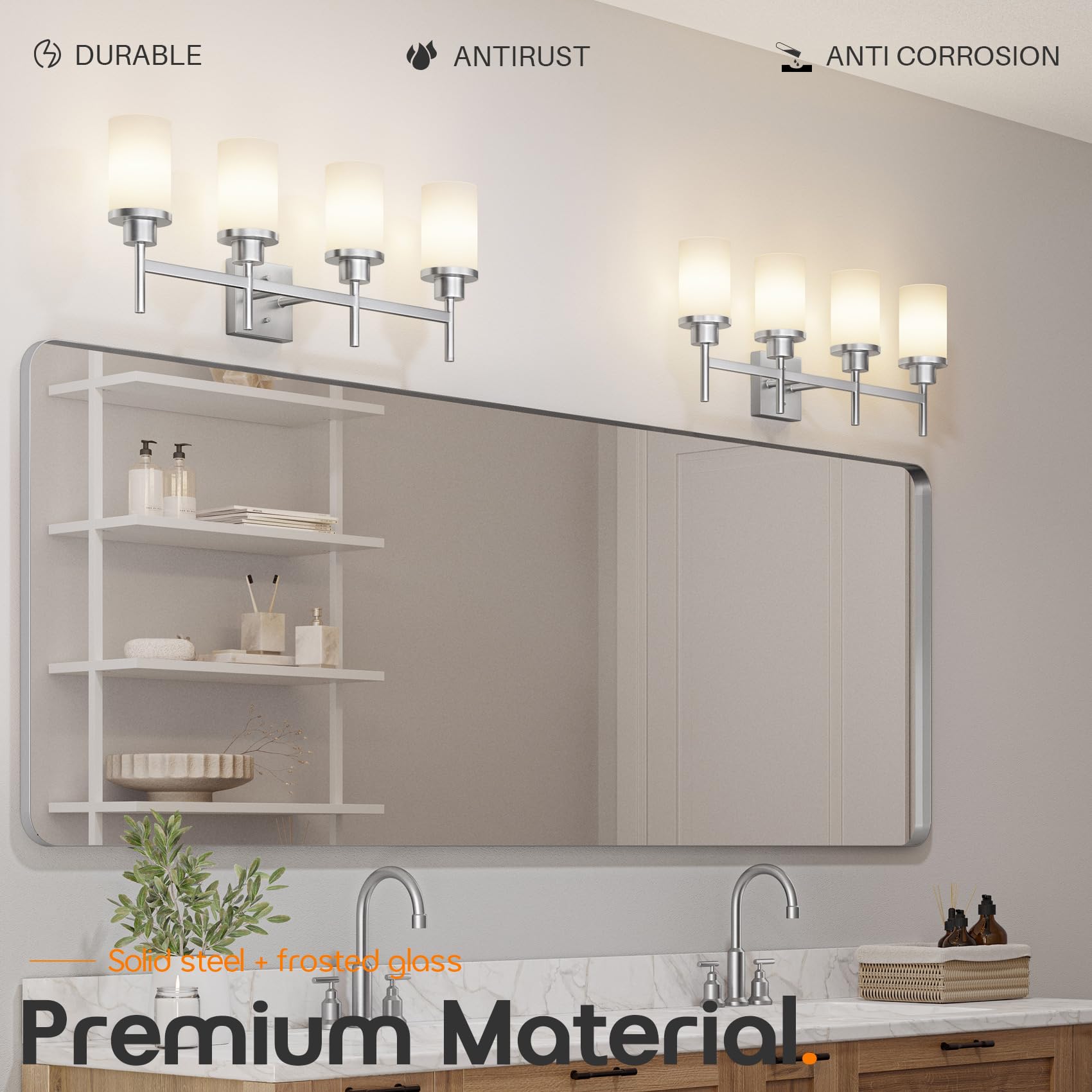 Aoneon 4-Light Vanity Lighting Fixtures With White Frosted Glass Shade  Brushed Nickel Bathroom Wall Lamps Over Mirror For Bath Restroom Kitchen T001Br-L4